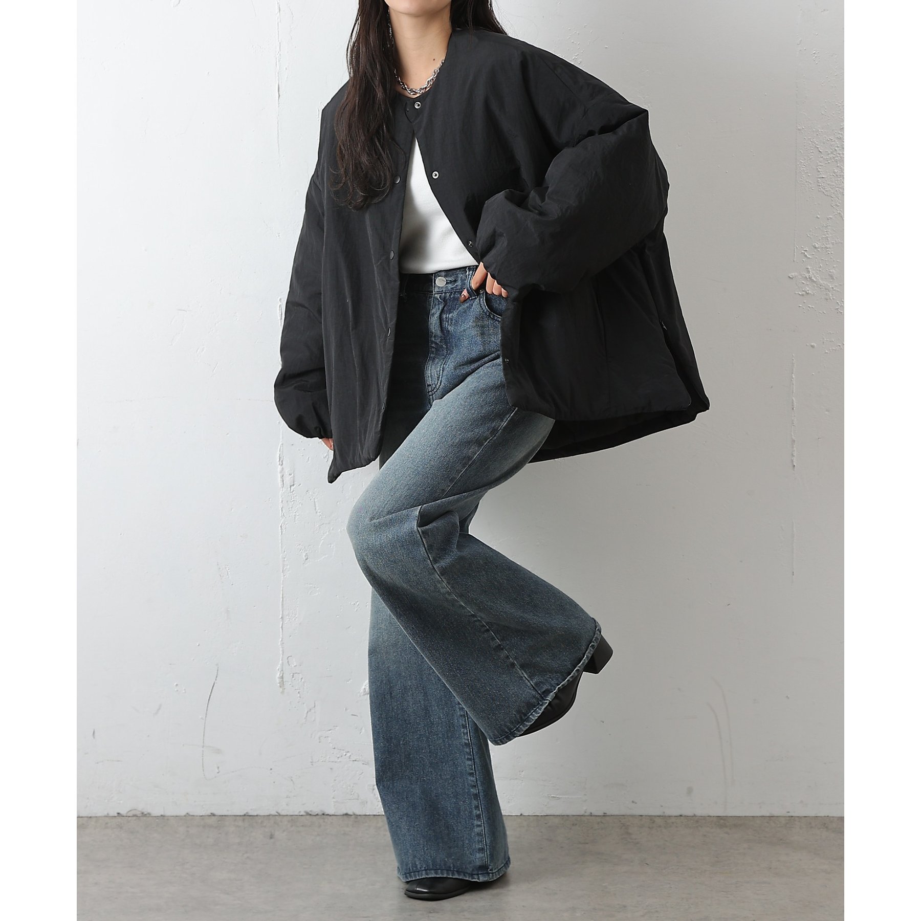 WEB限定】サイドZIPノーカラー中綿ジャケット | ファッション通販