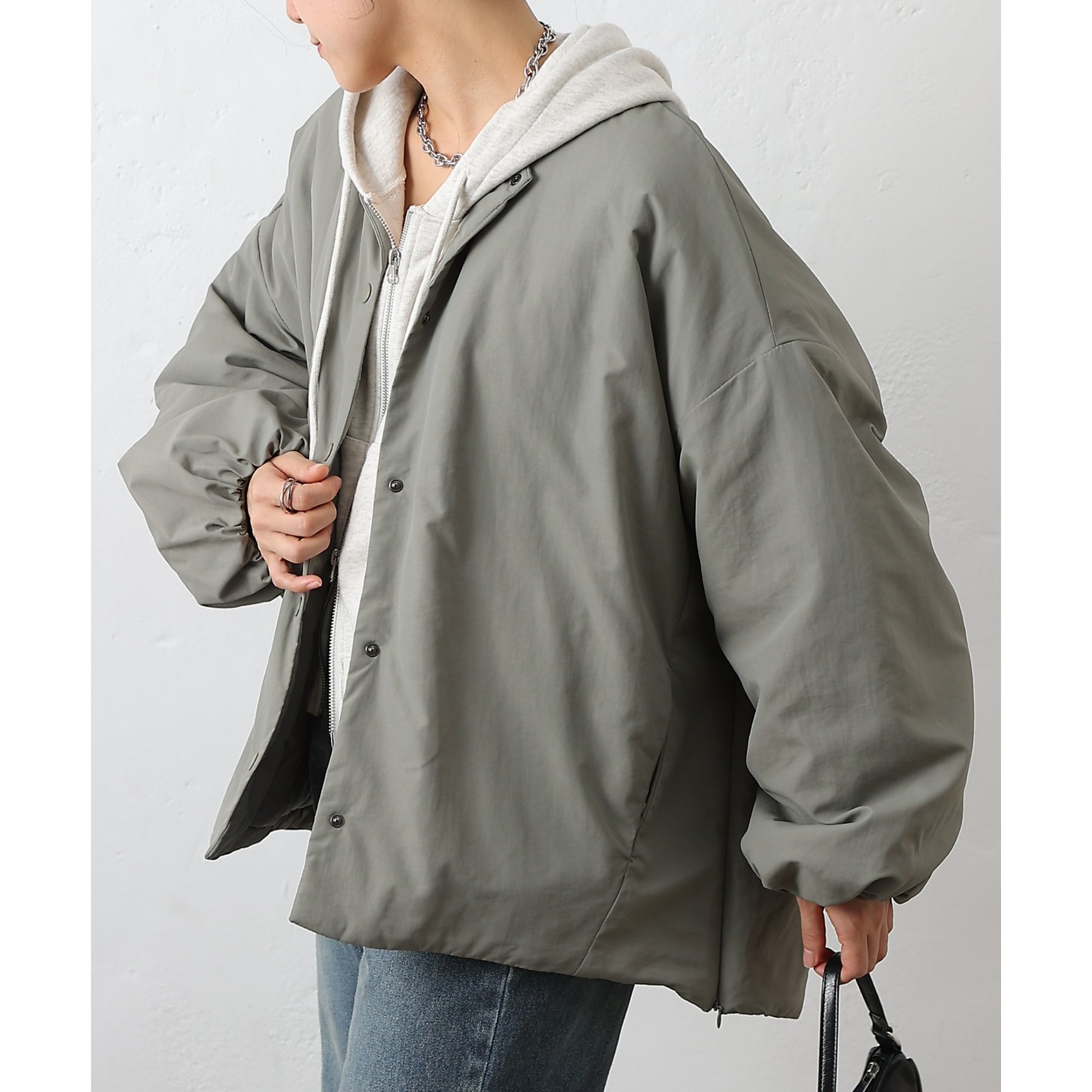 WEB限定】サイドZIPノーカラー中綿ジャケット | ファッション通販