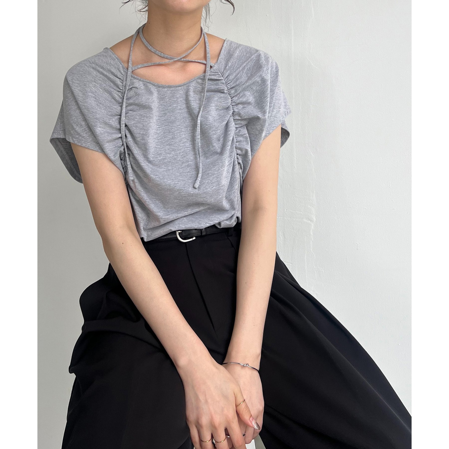 新品 CAPRICIEUX LE'MAGE ギャザーフレンチTシャツ ブラック CAPRICIEUX LE'MAGE tシャツ 「待望の再入荷！」ギャザー