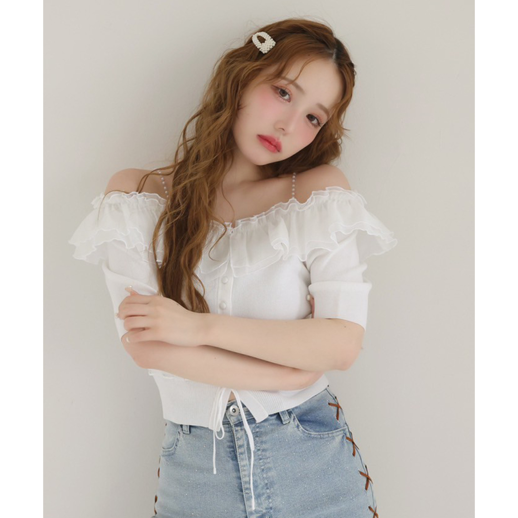 パールがオシャレで可愛い フリル オフショルイブニングドレス パールがオシャレで可愛い フリル オフショルイブニングドレス