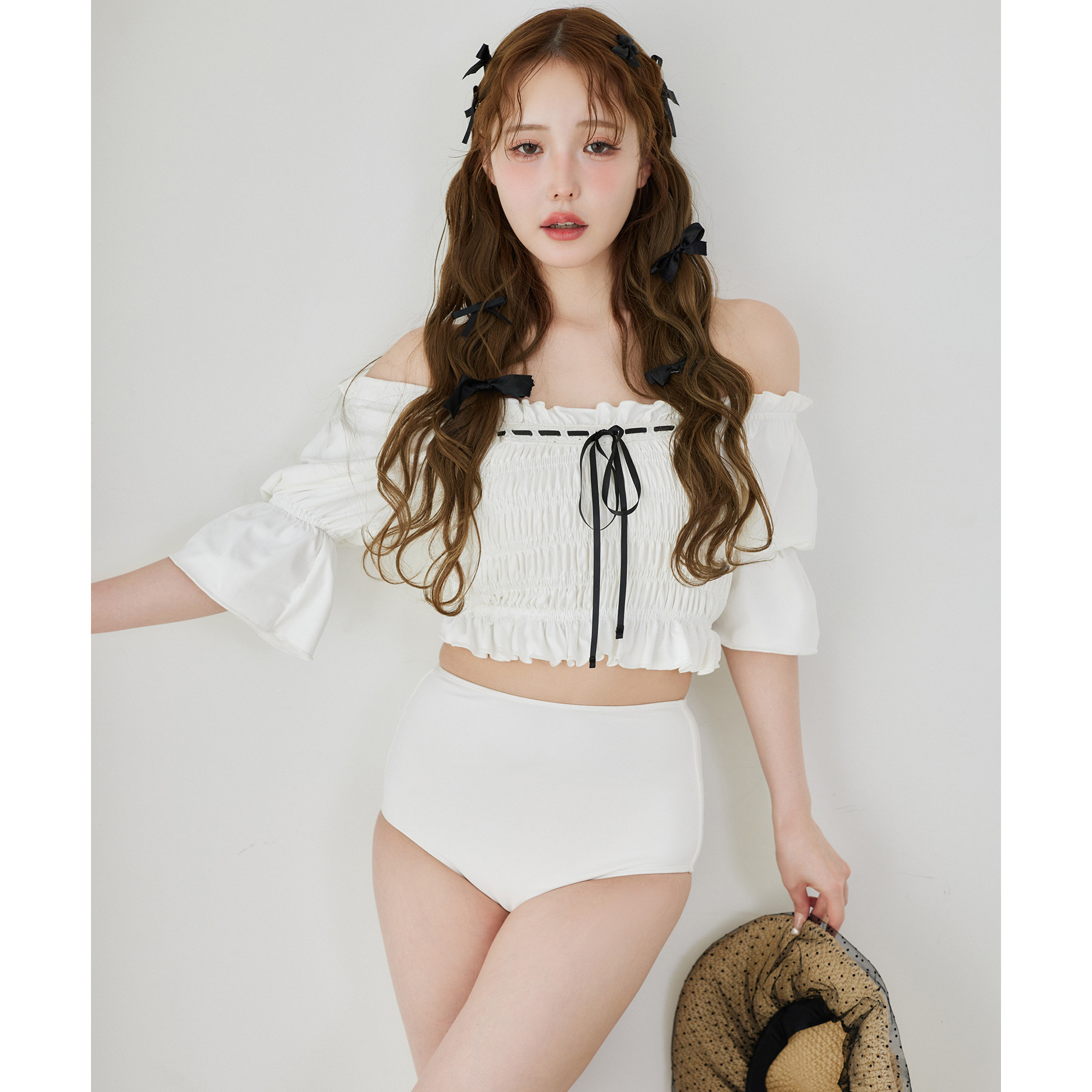 swimwear/シャーリング配色リボン(3点セット)