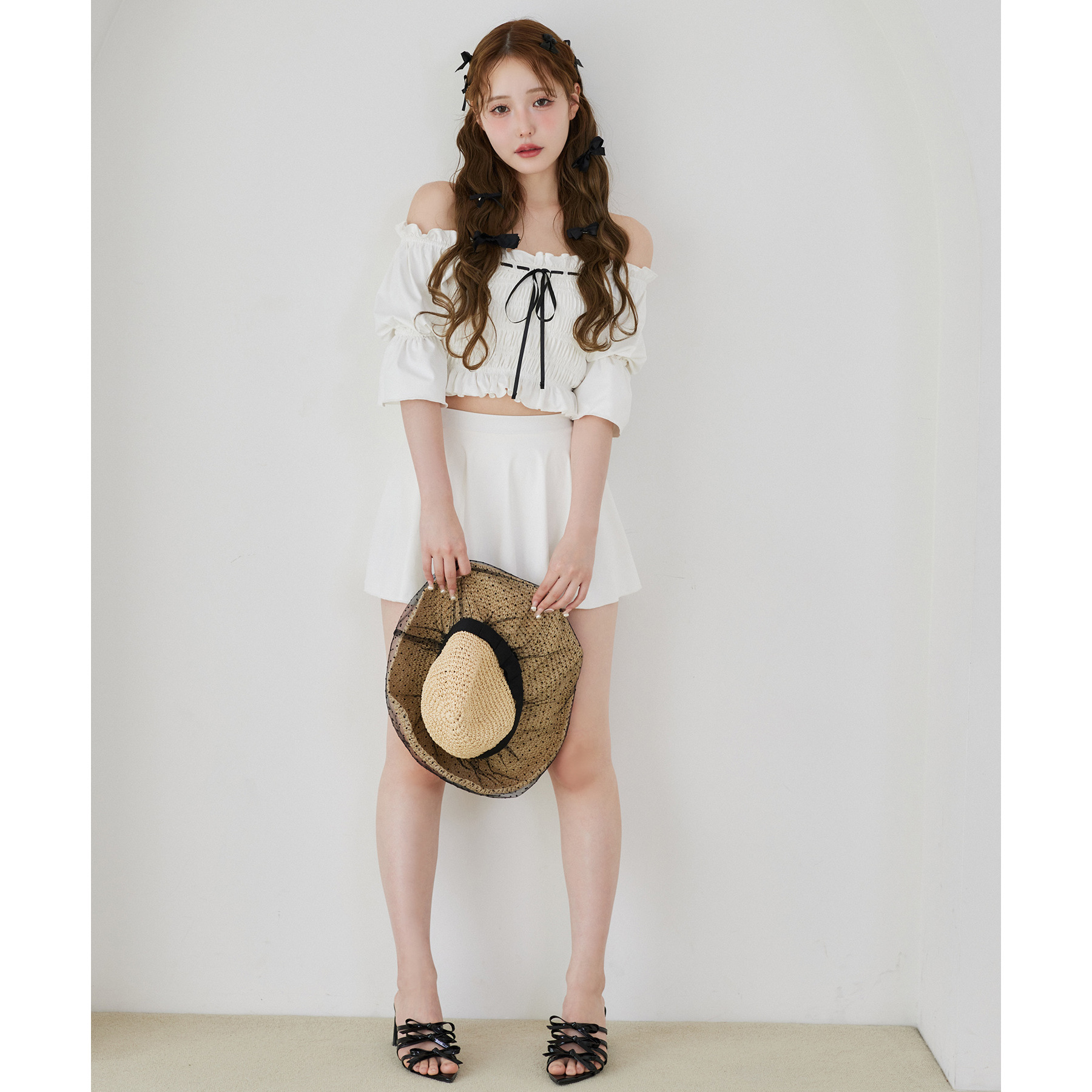 nice claup 3点セット　シャーリング 水色ギンガムチェック　水着 TeddyShop 水着レディース ビキニ 3点セット オフショルダー