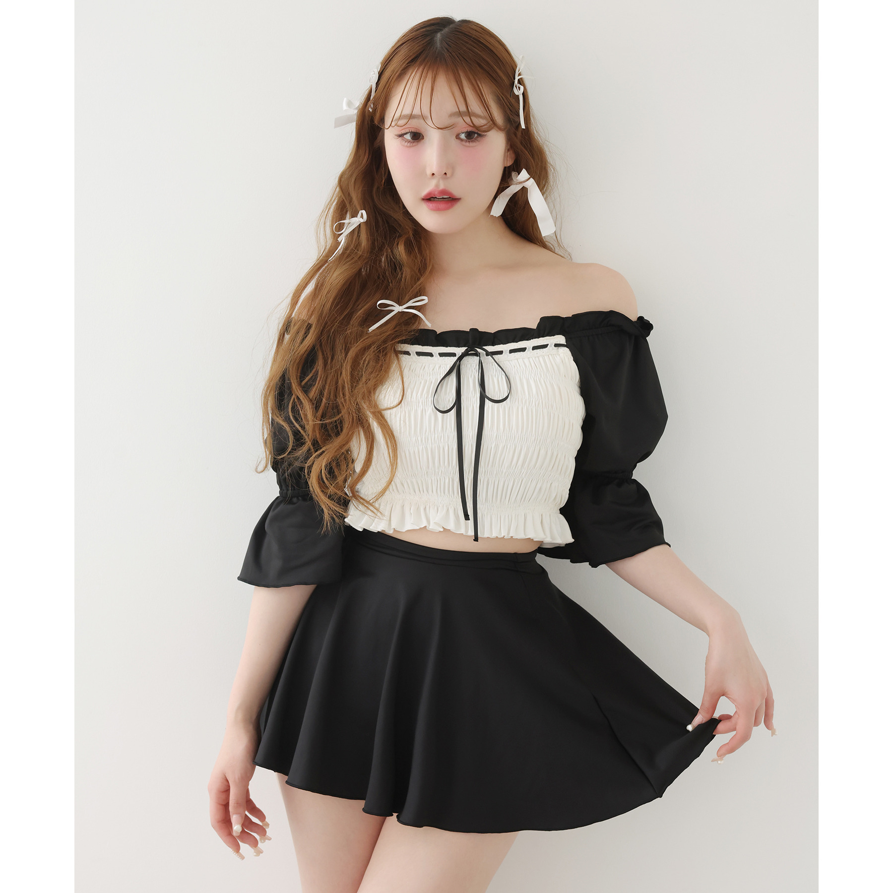 nice claup 3点セット　シャーリング 水色ギンガムチェック　水着 水着3点セット！シャーリングビキニ スイムウェア セパレート