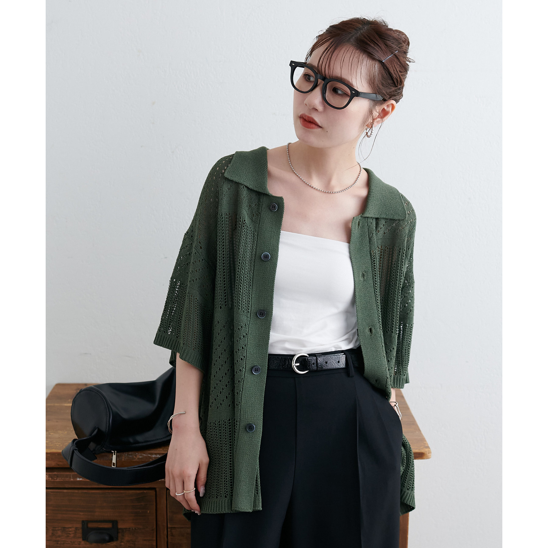 ☆新品未使用☆　pitchoune 前後異素材/生地カーディガン ワッフル素材ロング丈カットソーカーディガン（UVカット