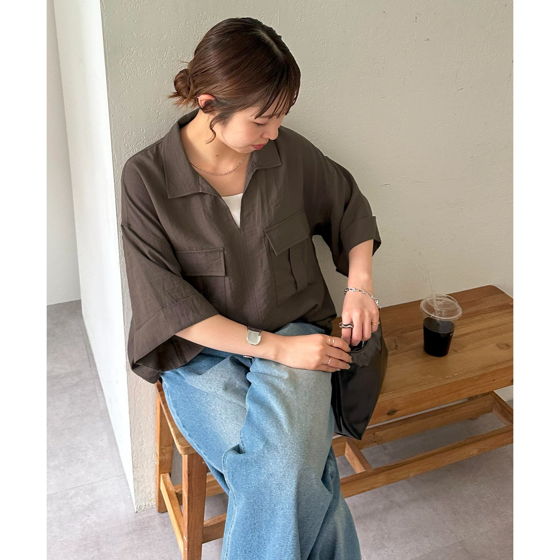 ユニセックス】スラブリネンライクプルオーバーシャツ