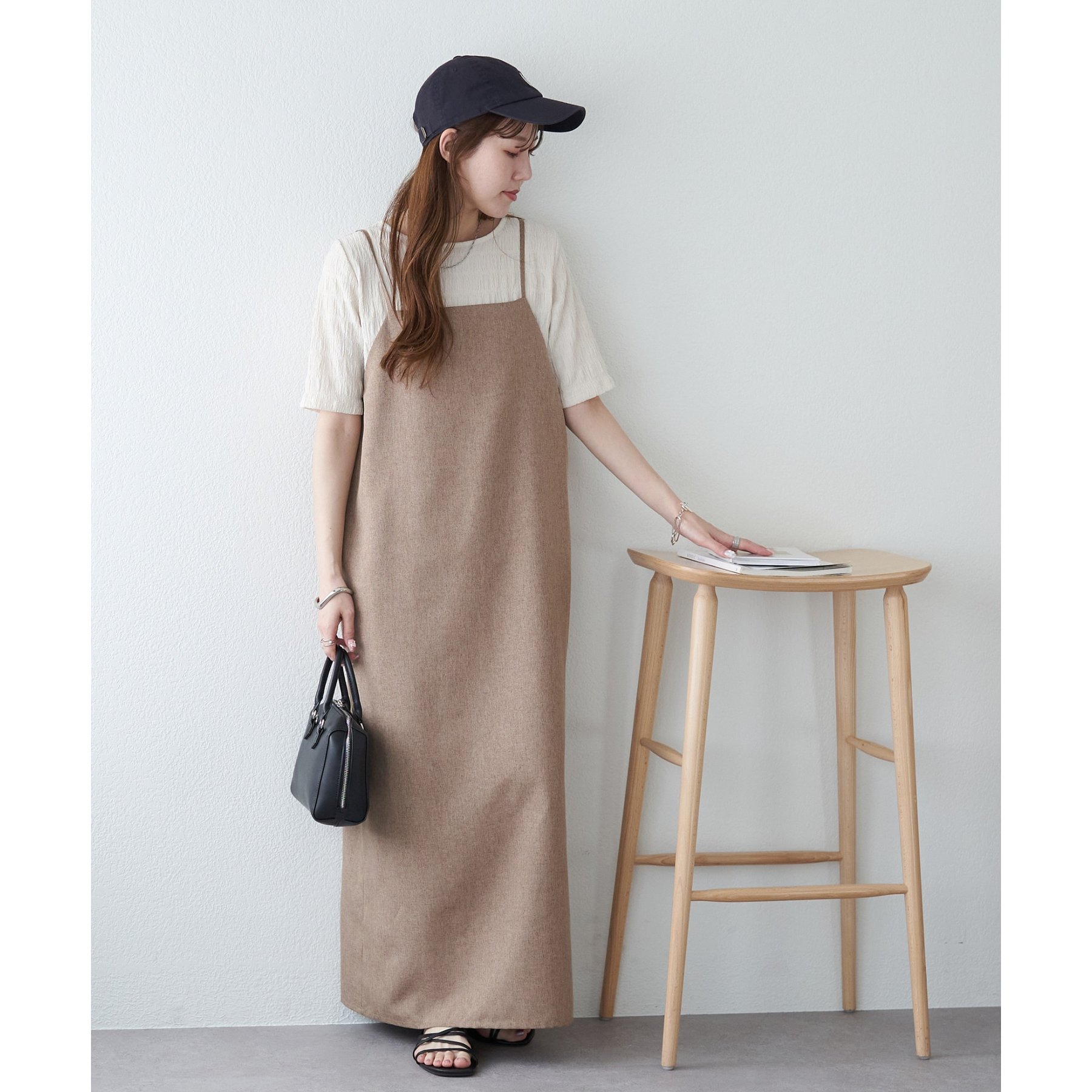 試着のみ【UpcycleLino】キャミワンピース ブラウン リネン セール】quaranciel:〈洗濯機可能〉フラックス リネン