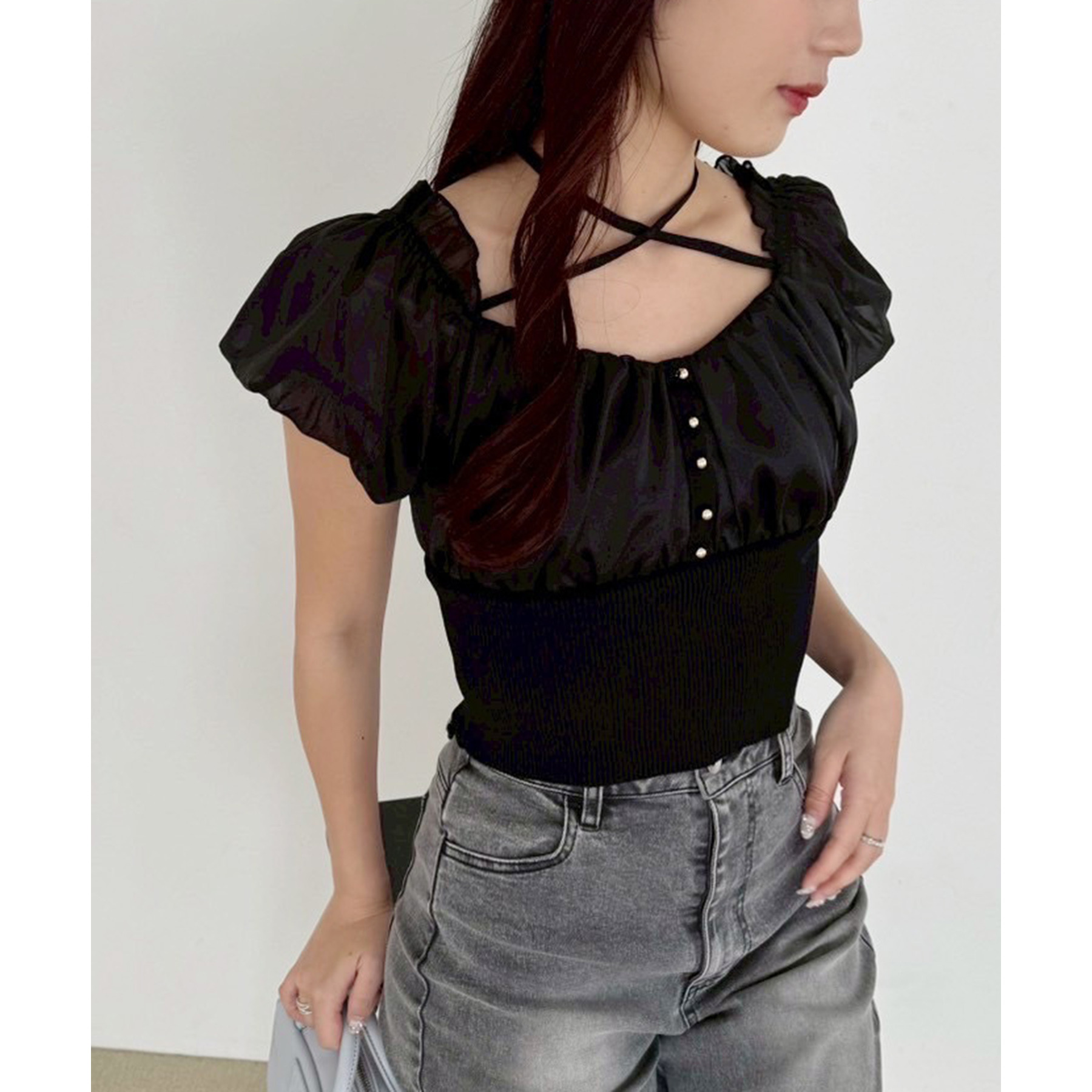 オフショルクロスリボンニット