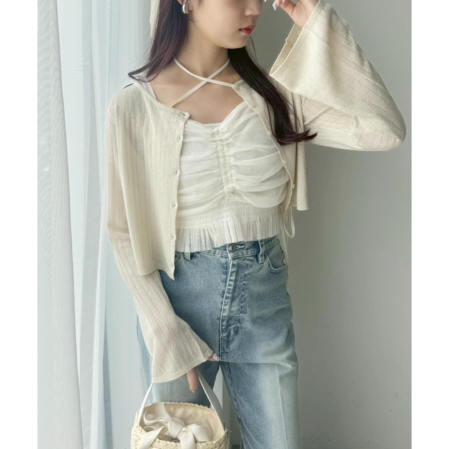 NOBLE ラメトリミングシアークルーショートカーディガン Noble（ノーブル）の「ラメトリミングシアークルーショート