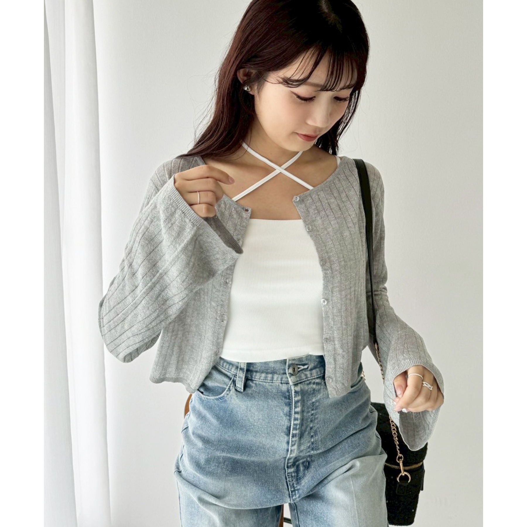 NOBLE2024 ラメトリミングシアークルーショートカーディガン ラメ混