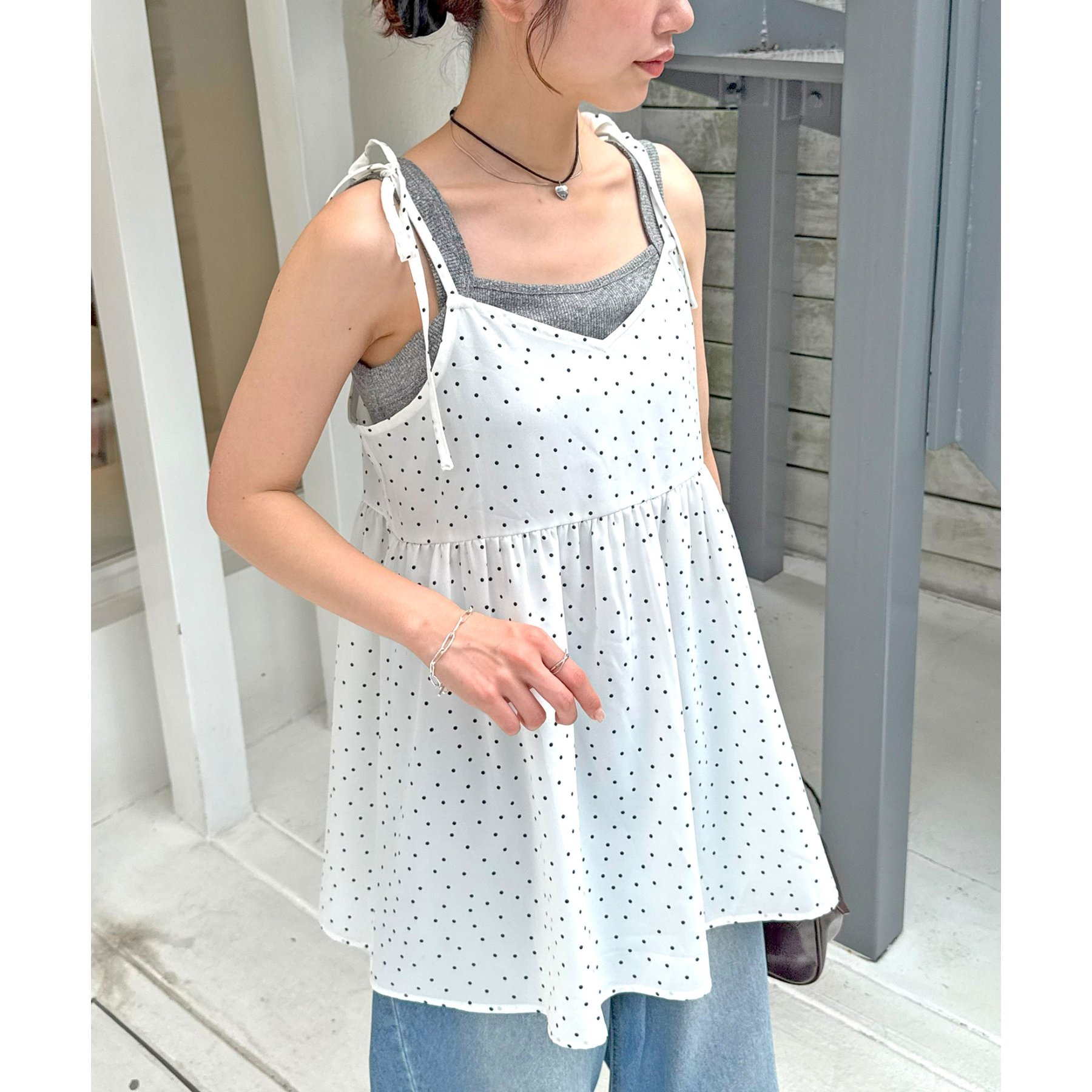 ブラウス シャツ 「umm.」肩リボンドット柄キャミチュニック レディース umm.】肩リボンドット柄キャミチュニック | ファッション通販