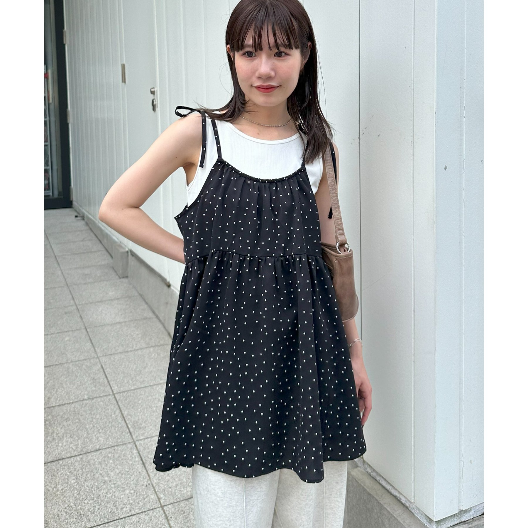 専用　キャミチュニック　レッド　リボンマーガレット ドット柄　ハンドメイド umm.】肩リボンドット柄キャミチュニック | ファッション通販