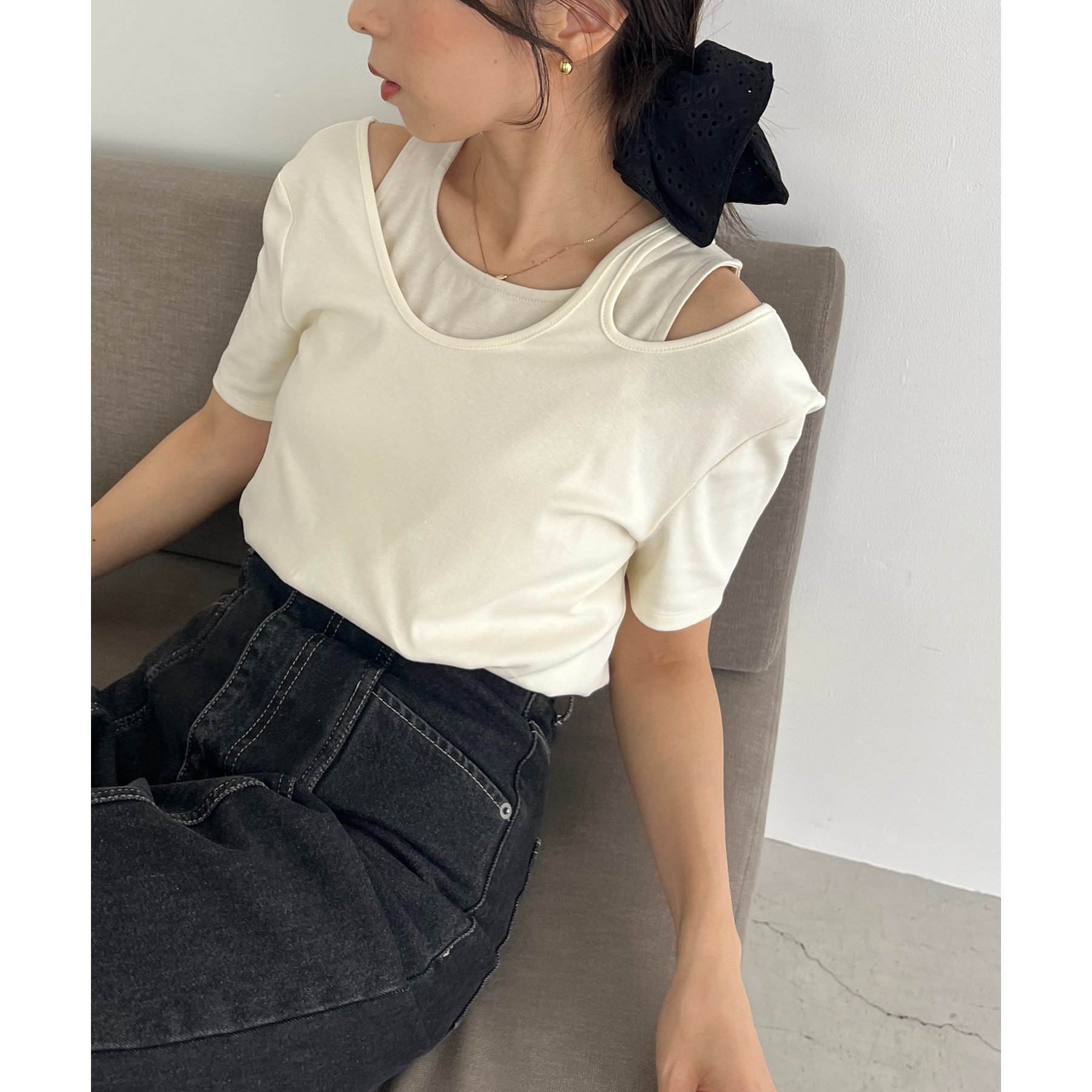 レイヤードアシメネックTシャツ セール】【1枚で着映え】レイヤードアシメネックTシャツ（T