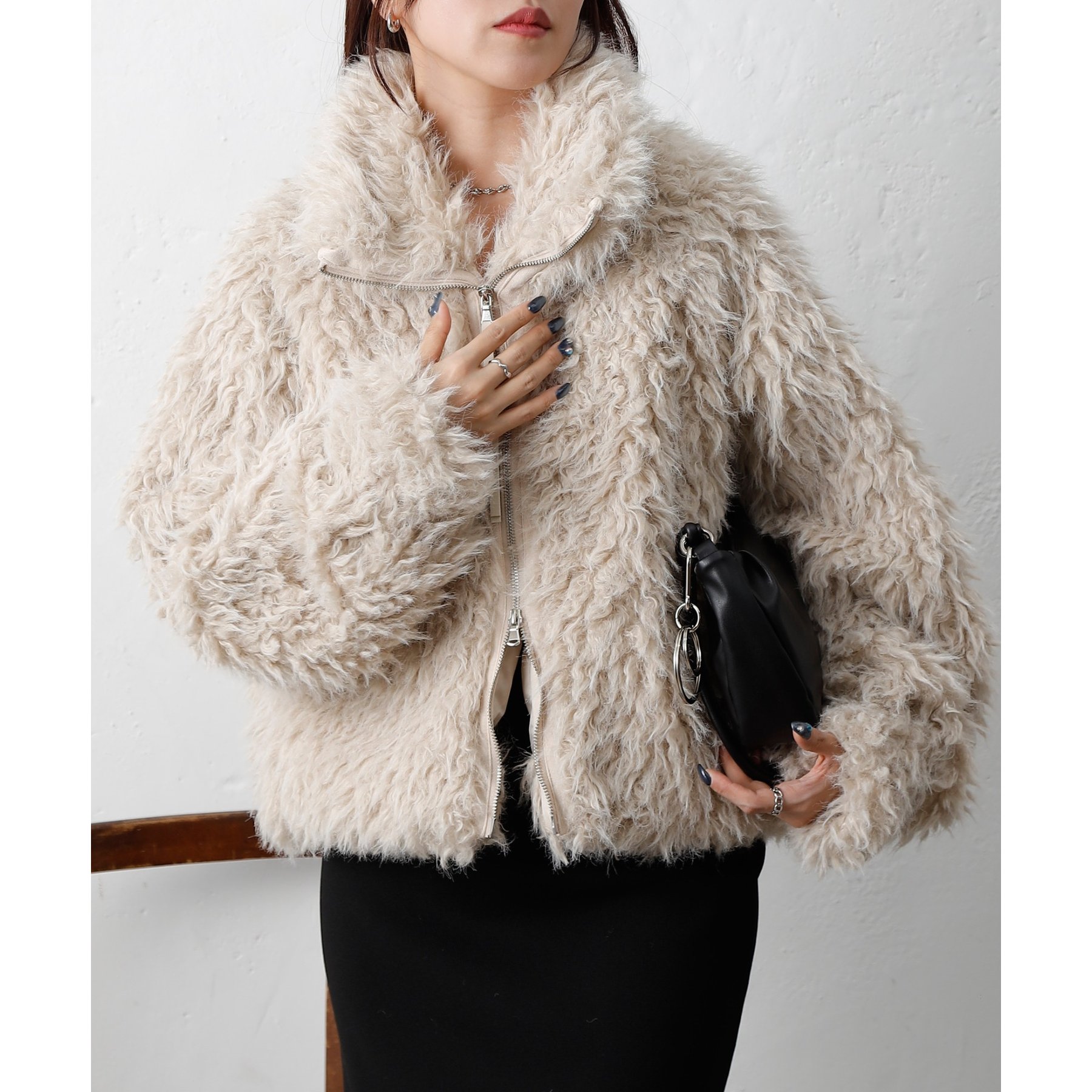 ミックスシープファースタンドブルゾン　ミックスシープファーブルゾン　ファーコート ミエット miette ミックスシープファースタンドブルゾン （モカ