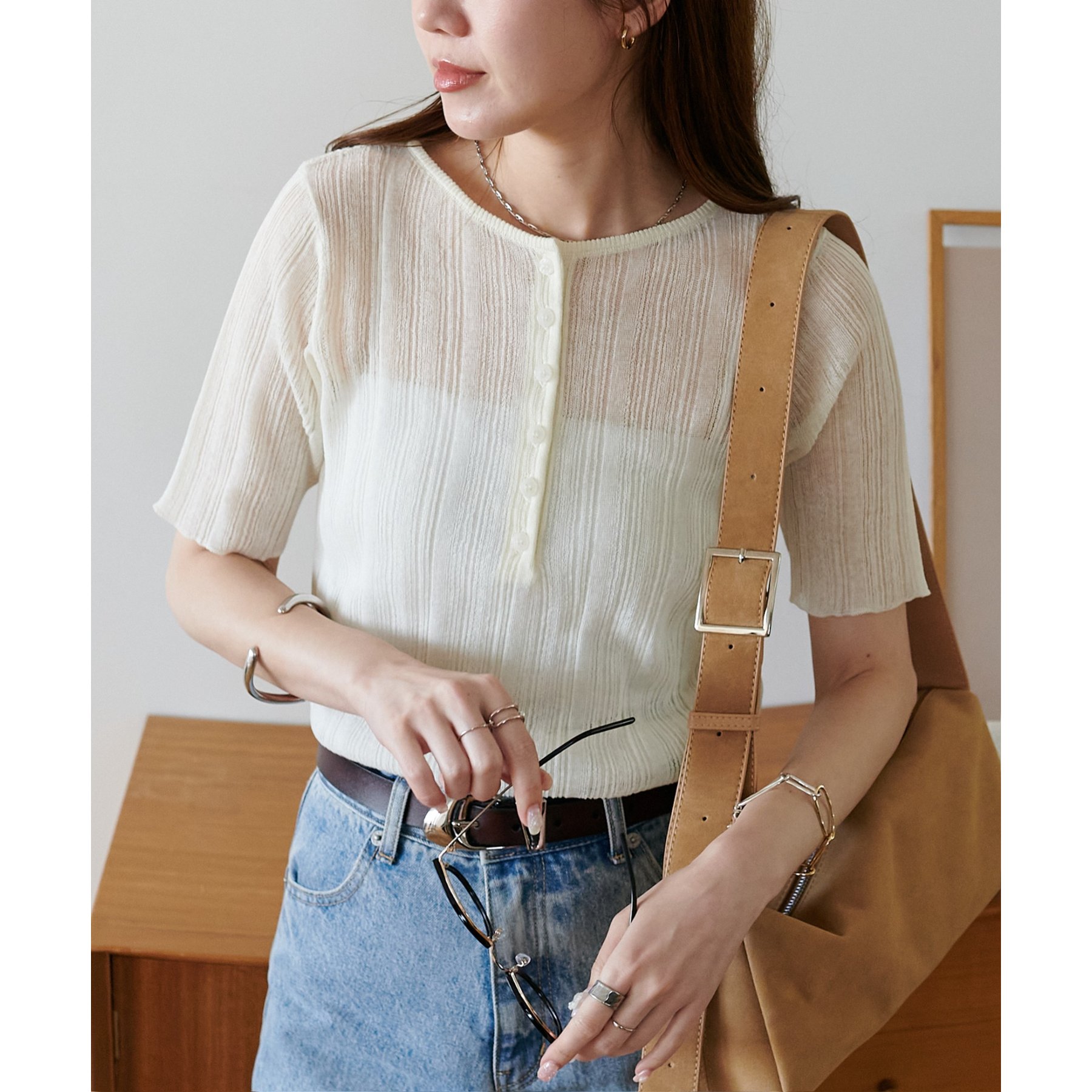 リグリーム 五分袖ヘンリーシアーニット ネイビー Mサイズ 五分袖ヘンリーシアーニット｜HALF SLEEVE HENLEY SHEER KNITの