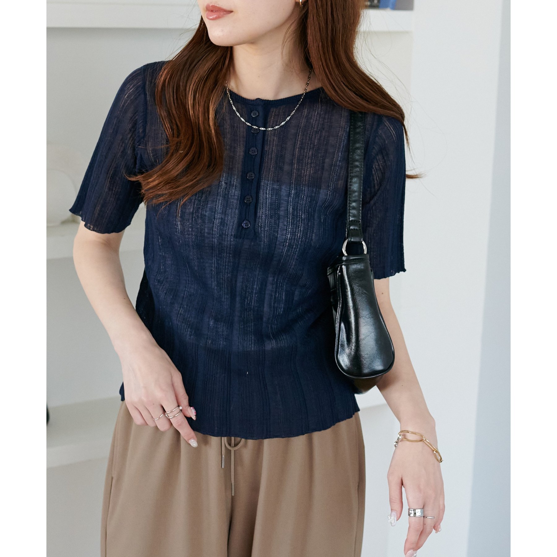 リグリーム 五分袖ヘンリーシアーニット ネイビー Mサイズ 五分袖ヘンリーシアーニット｜HALF SLEEVE HENLEY SHEER KNITの