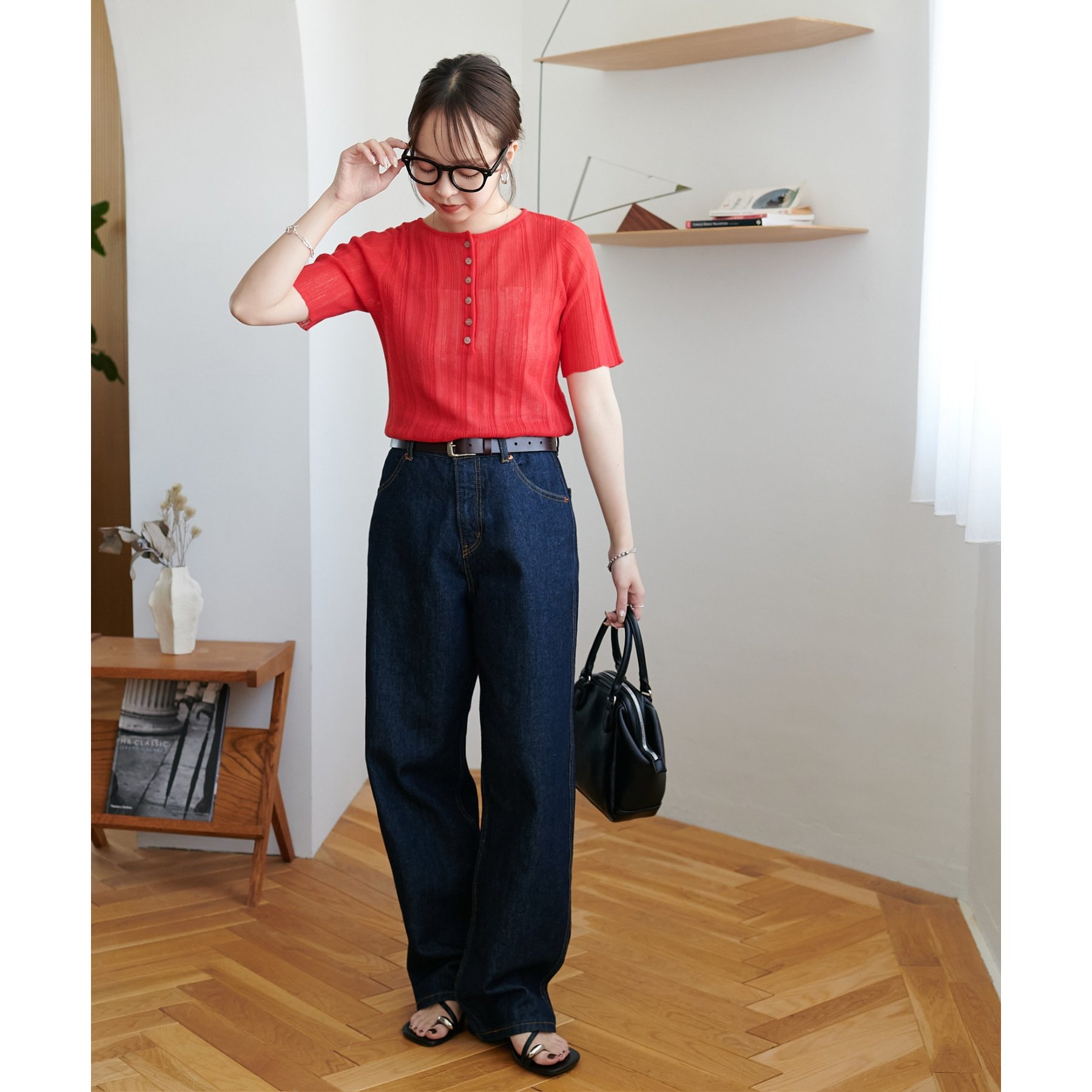 リグリーム 五分袖ヘンリーシアーニット ネイビー Mサイズ 五分袖ヘンリーシアーニット｜HALF SLEEVE HENLEY SHEER KNITの