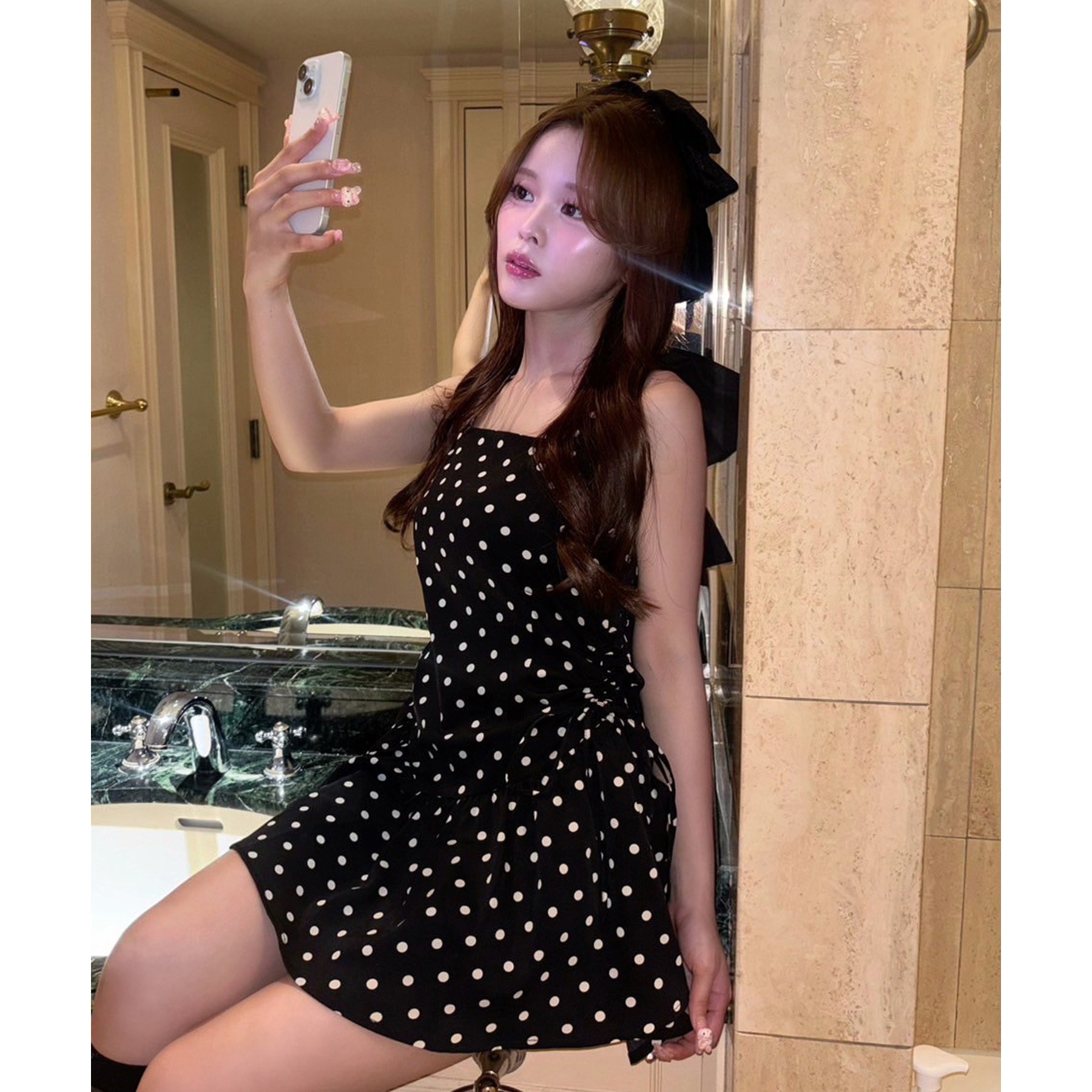 NICE CLAUP アメスリバックリボンミニワンピース ドット NICE CLAUP