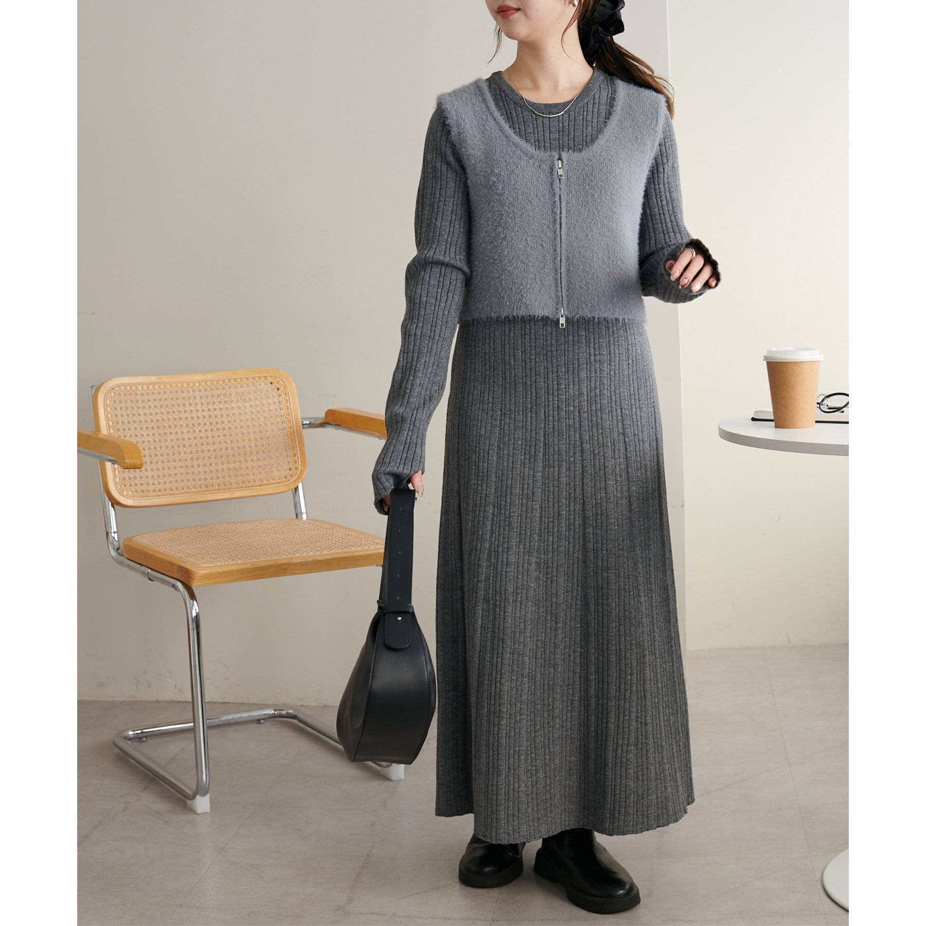 ルネ リブニット ウールニット ナミナミ 36 チャコールグレー WEB限定】ベスト付ランダムリブニットワンピース | ファッション通販