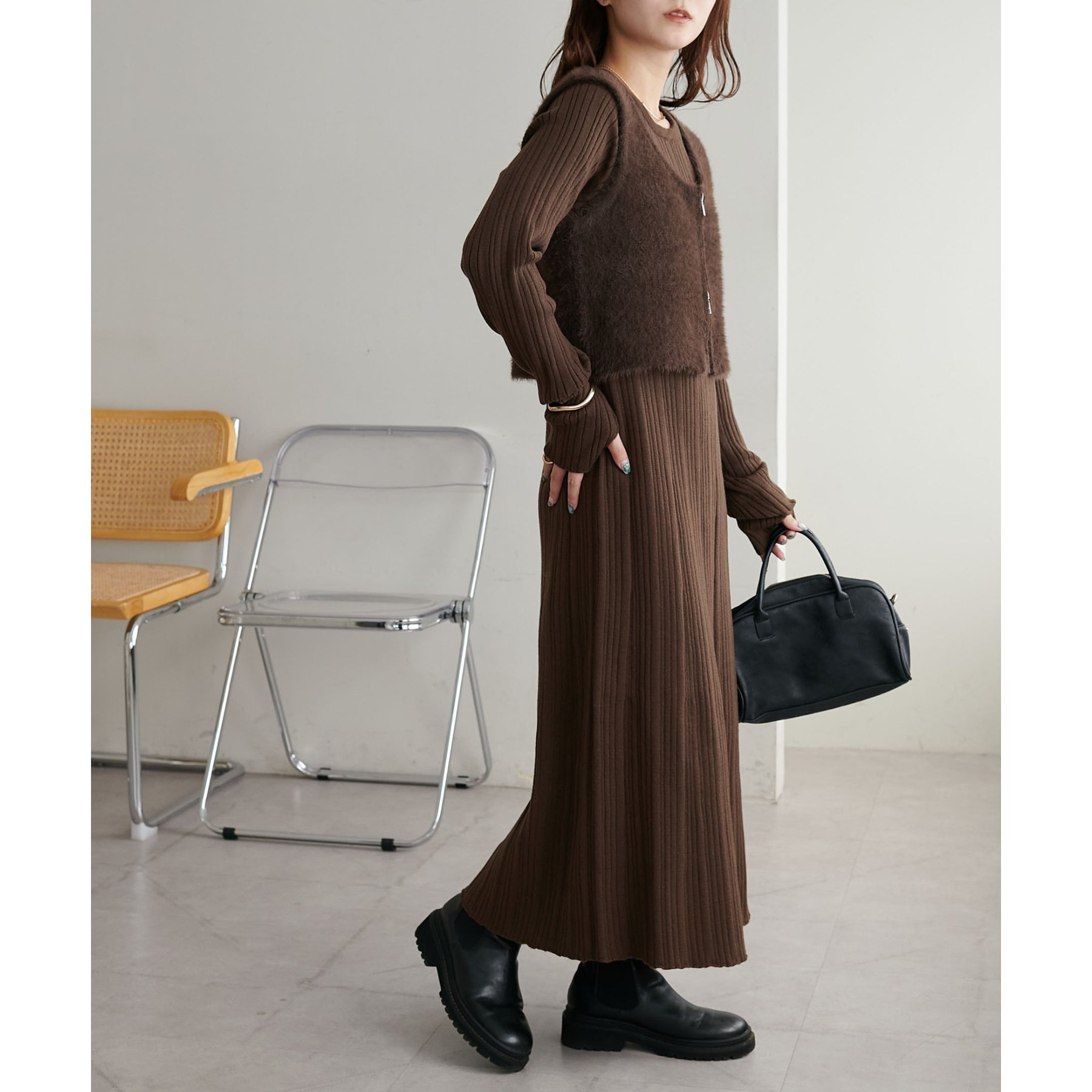 BALMAIN バルマン エンブレムボタン リブニット ワンピース ブラック