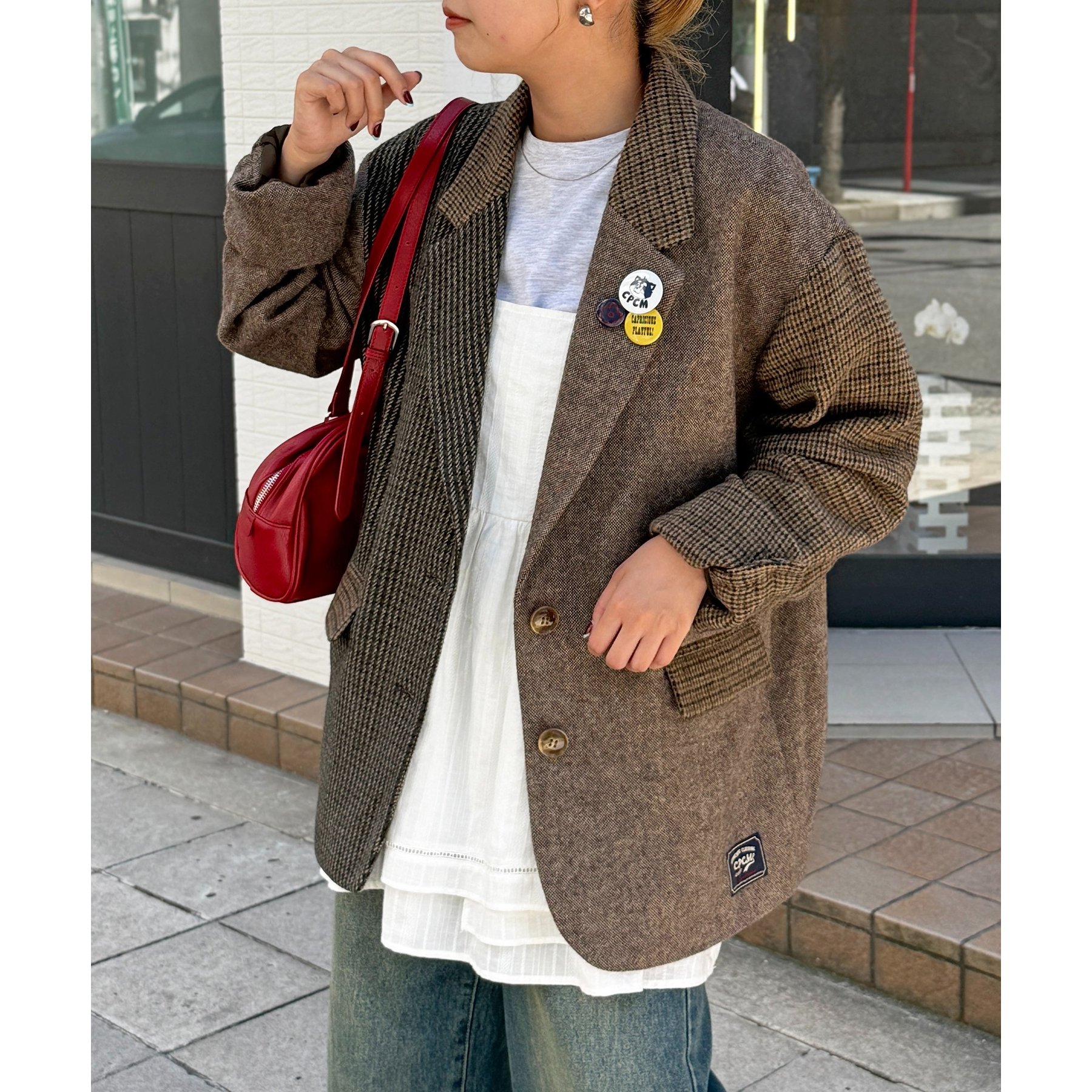 缶バッジ付きツイードテーラードジャケット | ファッション通販