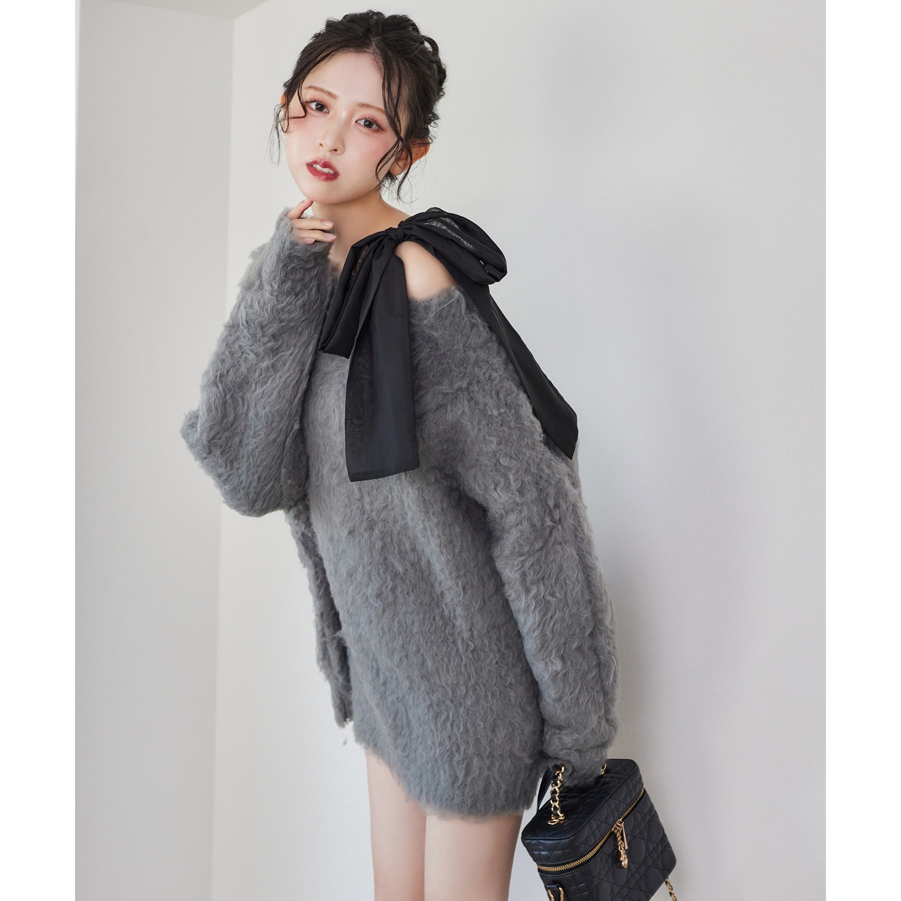 NICE CLAUP メリーカールチュニックニット 肩リボンレースキャミ 2点