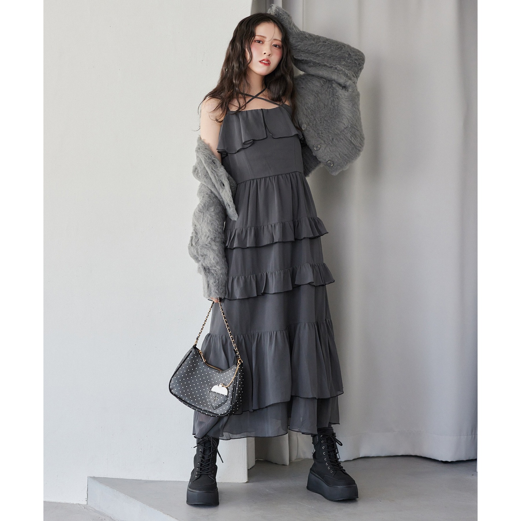 ティアードフリルスカート グレー luvワンピ