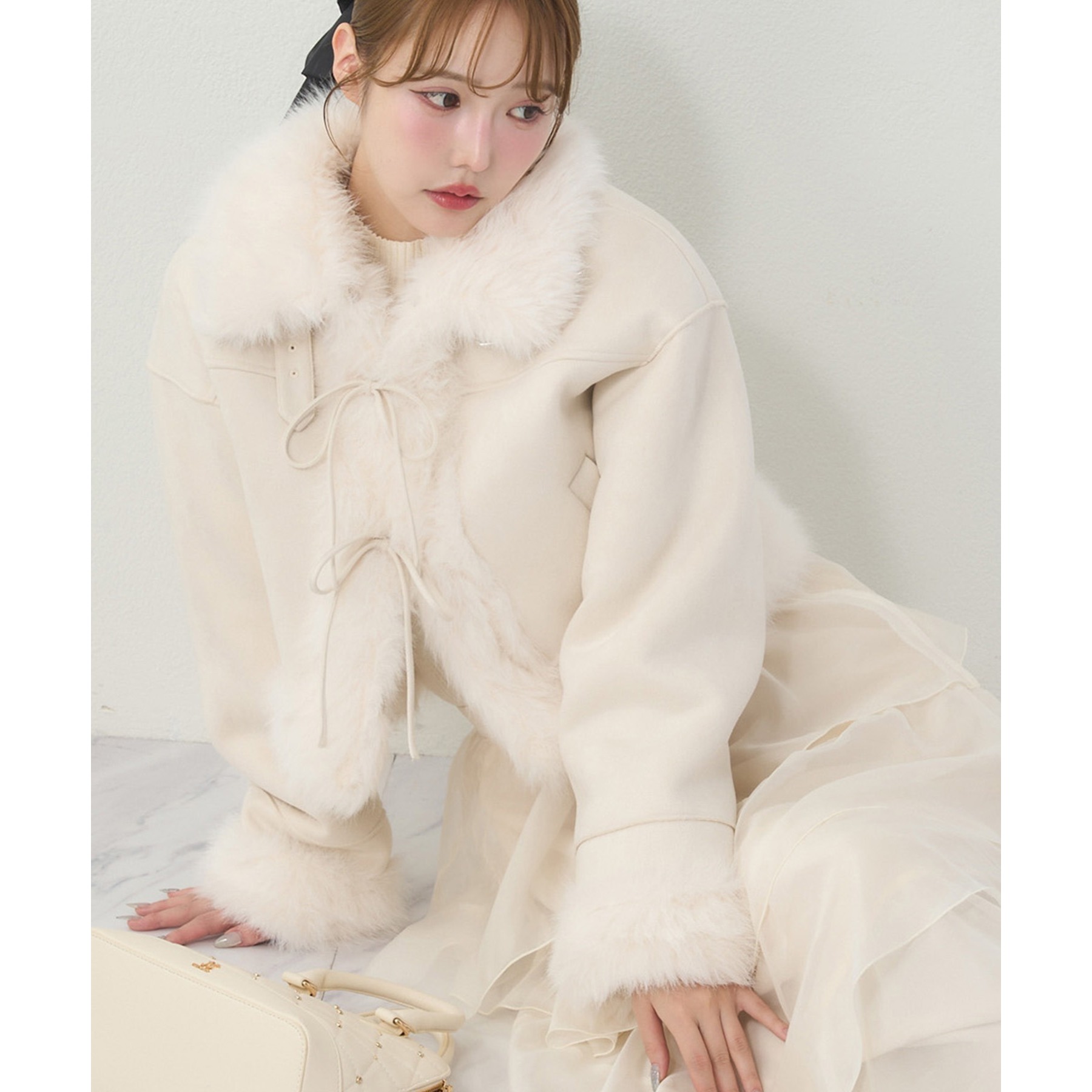 リボン取り外し可能】フェイクムートンリボンアウター | ファッション