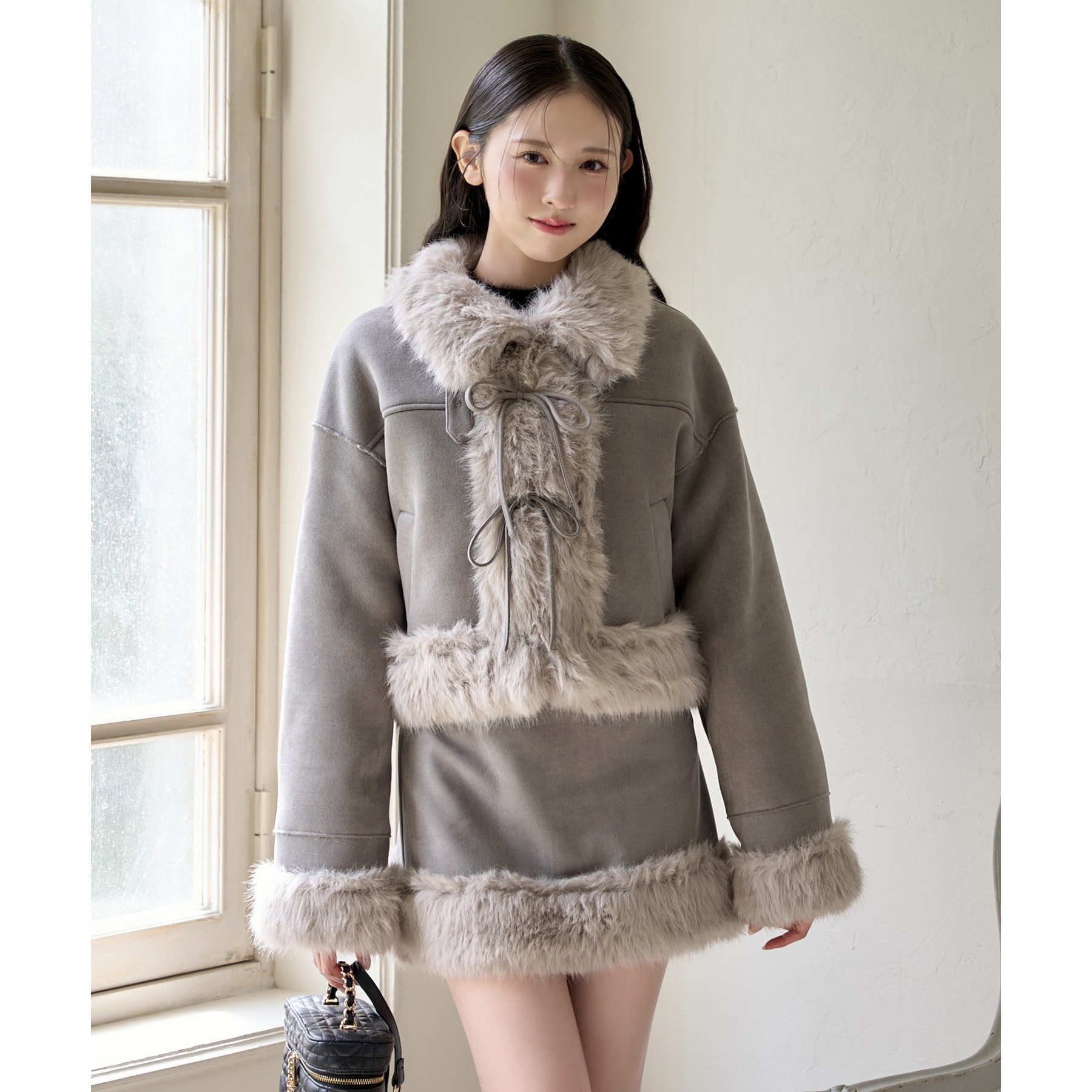 リボン取り外し可能】フェイクムートンリボンアウター | ファッション