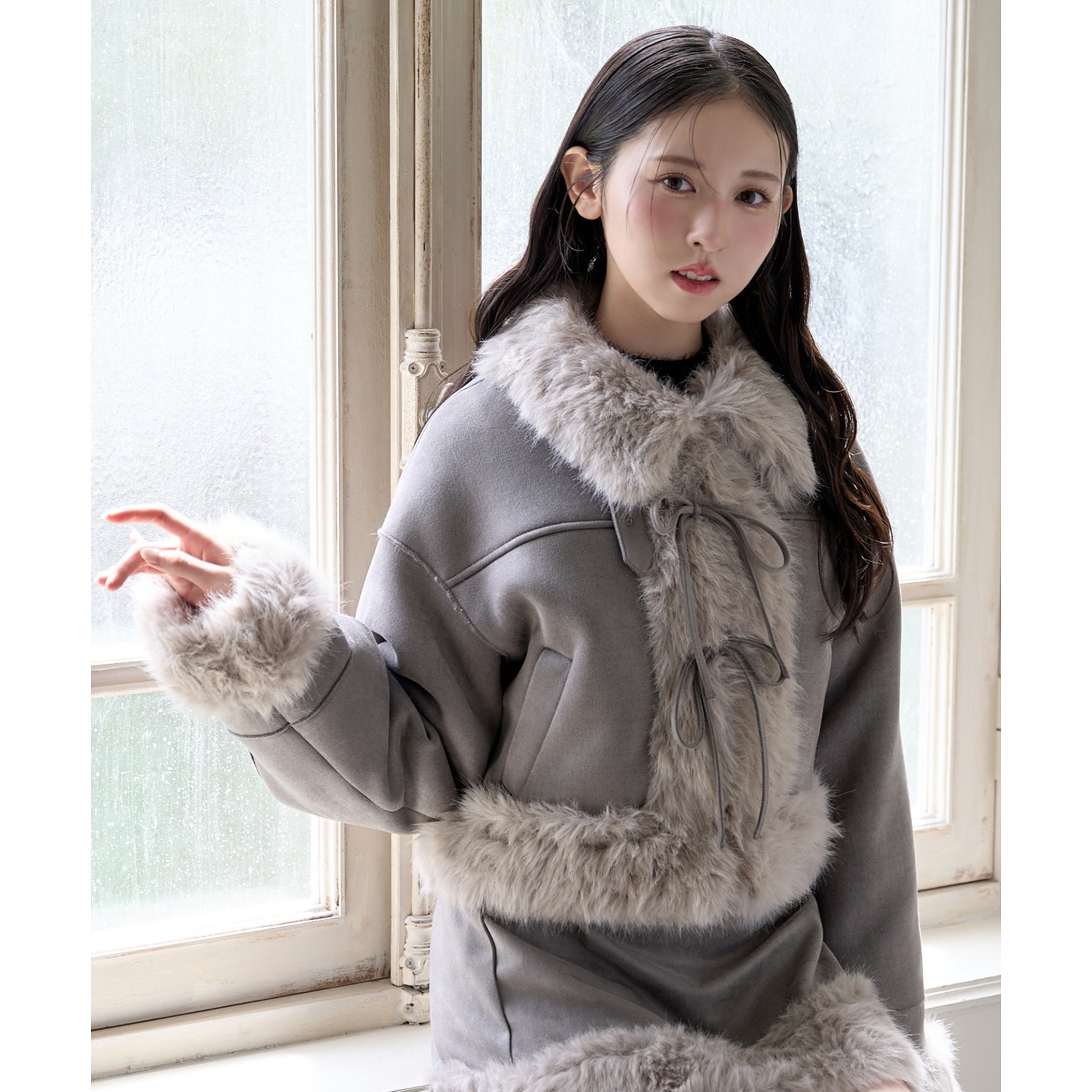 【新品】NICE CLAUP フェイクムートンリボンコート&ミニスカート リボン取り外し可能】フェイクムートンリボンアウター | ファッション