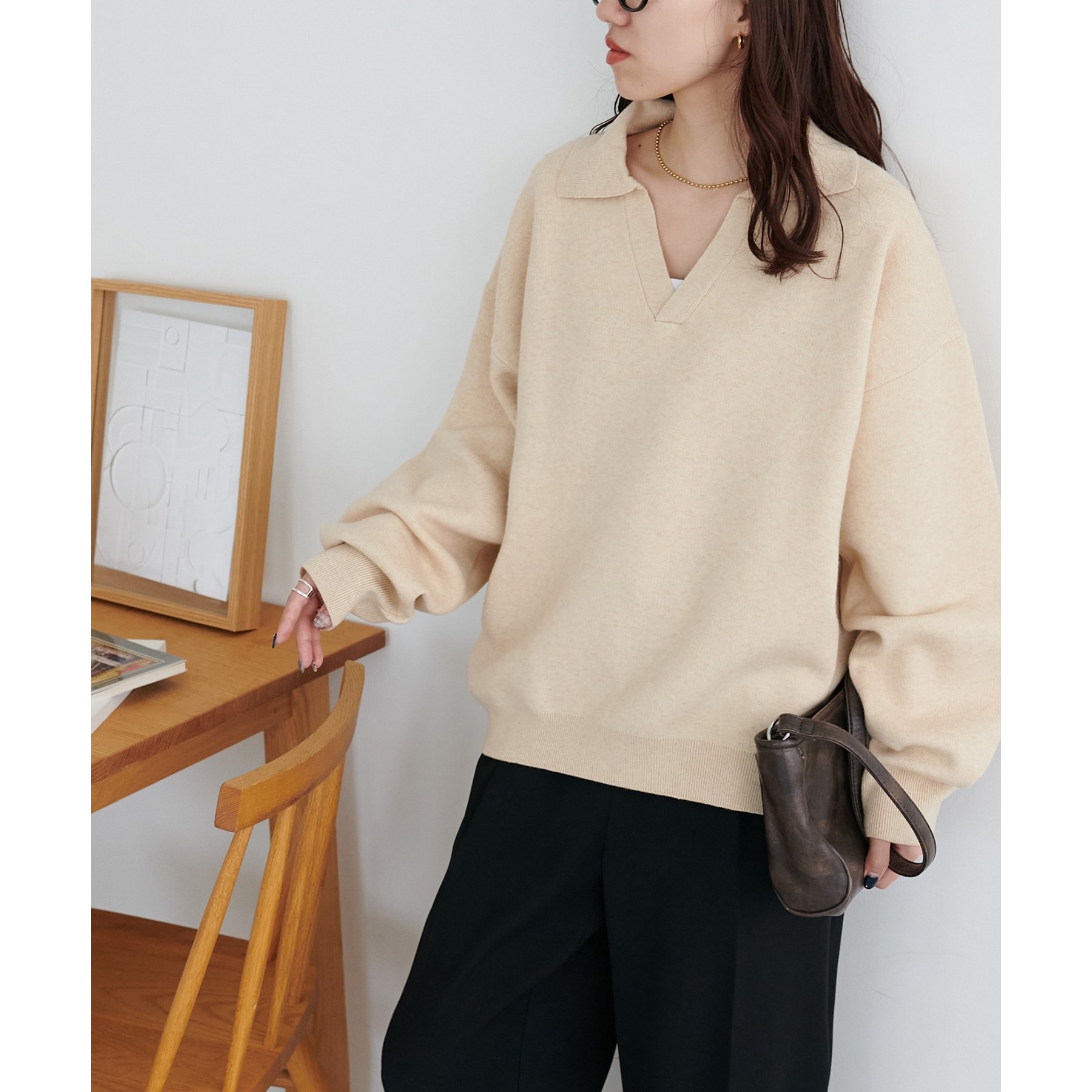 プラージュ エリツキニット セーター チュニック 長袖 スキッパー モカ 裏起毛重ね衿チュニック(綿混・洗濯機OK) - ファッション通販なら