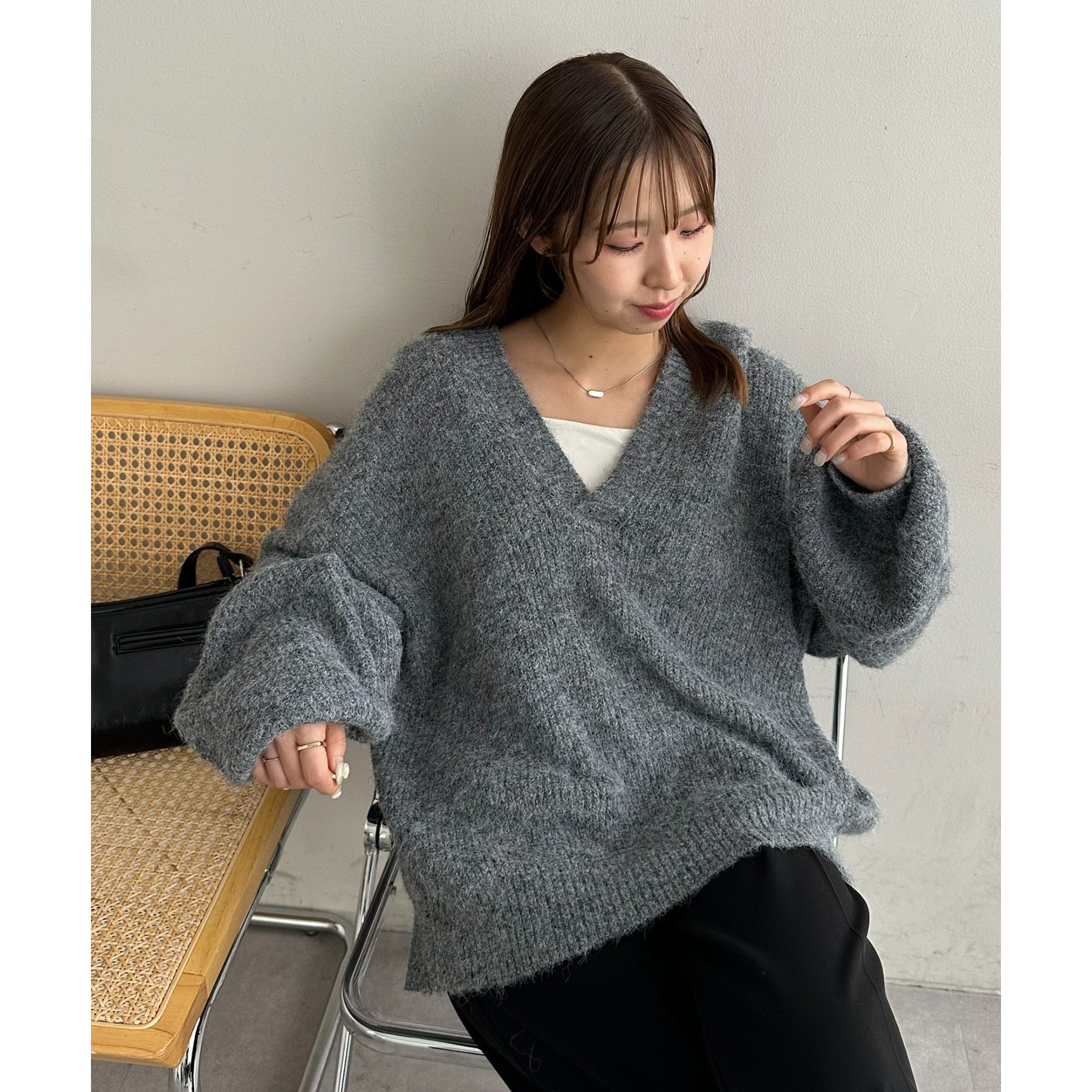 今期トレンド/ユニセックス】畦編みフード付きシャギーニット