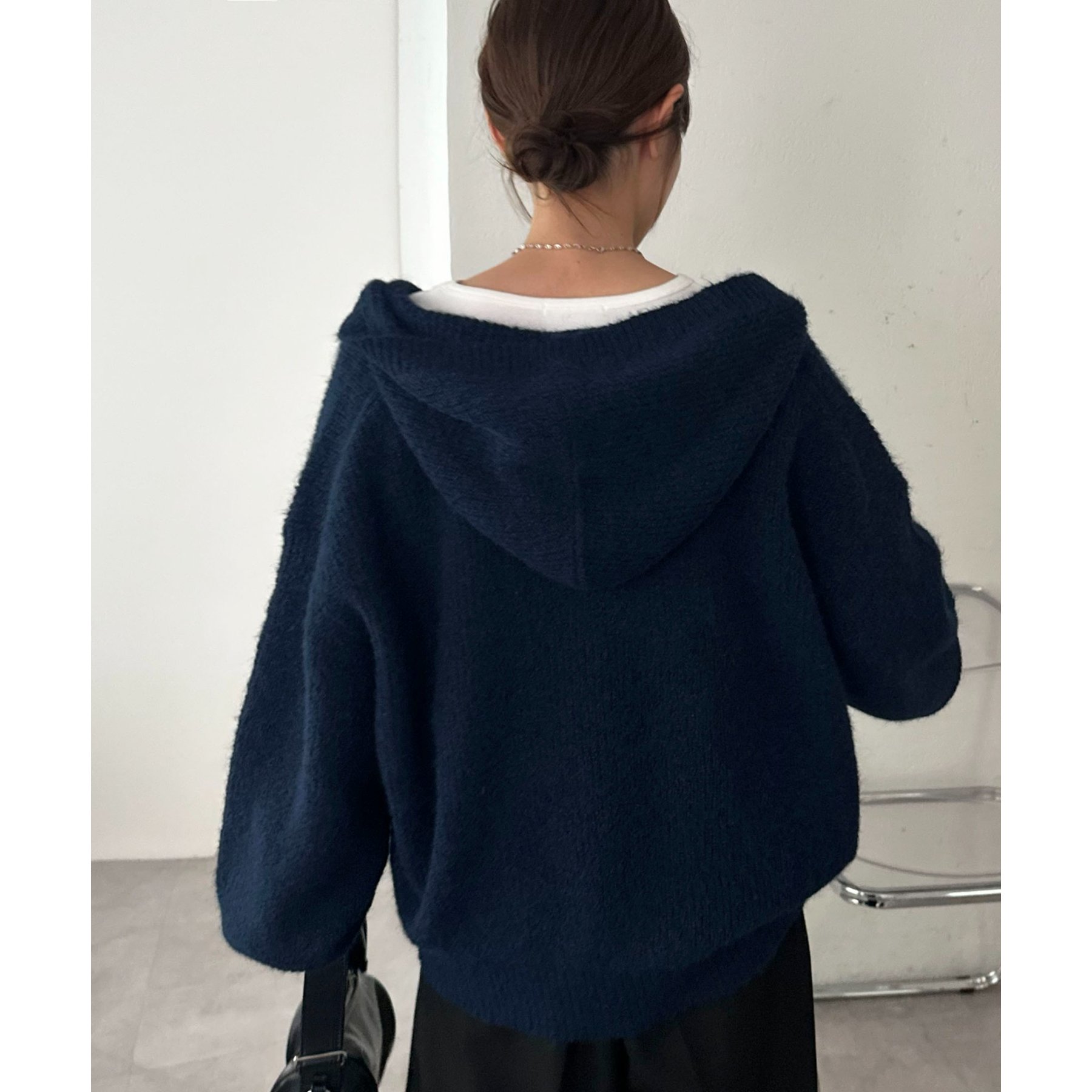 今期トレンド/ユニセックス】畦編みフード付きシャギーニット