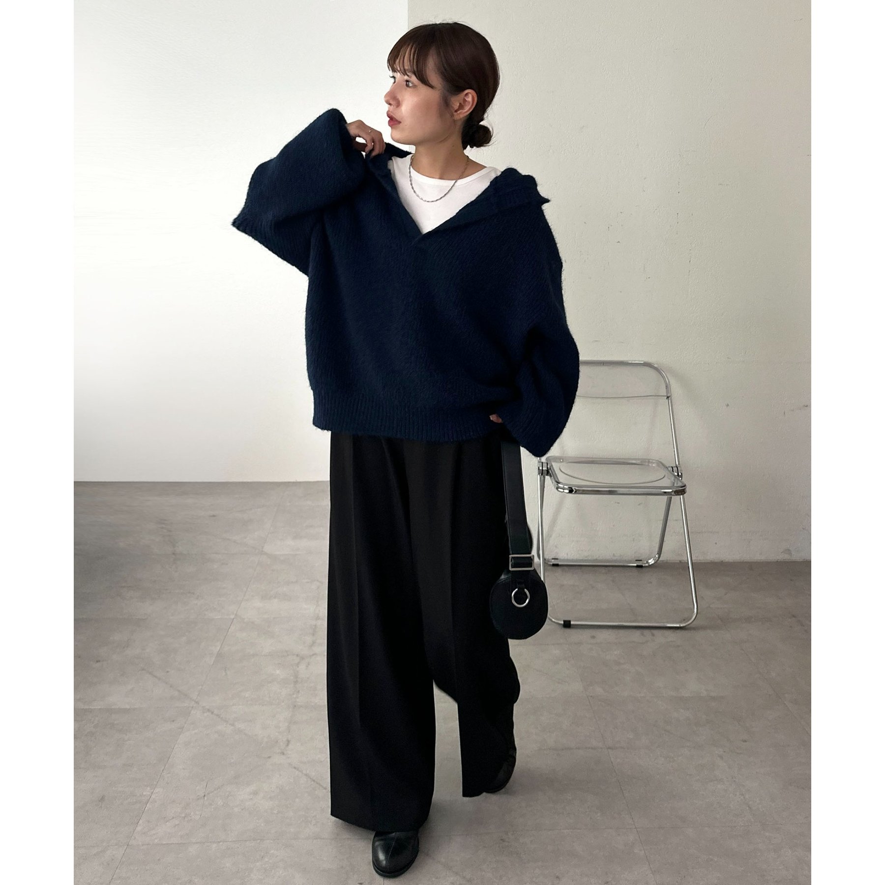 今期トレンド/ユニセックス】畦編みフード付きシャギーニット