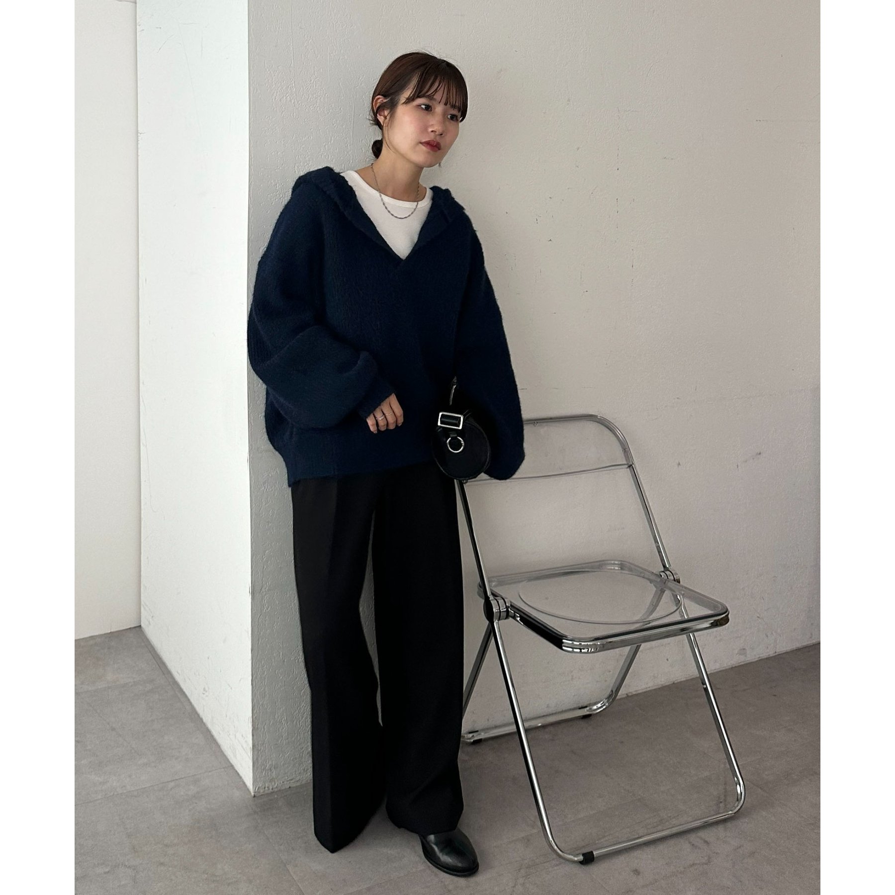 今期トレンド/ユニセックス】畦編みフード付きシャギーニット