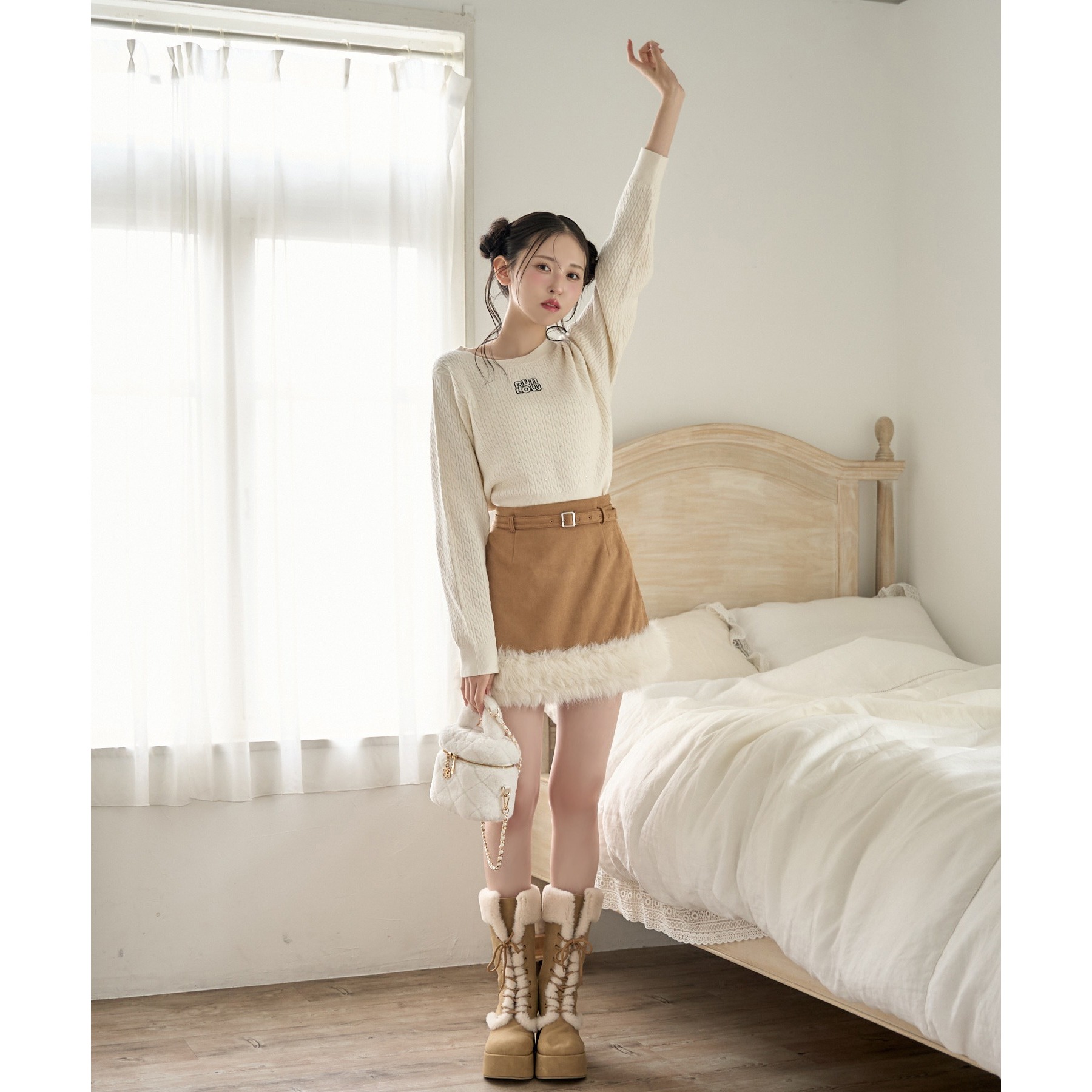 【新品】NICE CLAUP フェイクムートンリボンコート&ミニスカート フェイクムートンミニスカート | ファッション通販サイト NUGU
