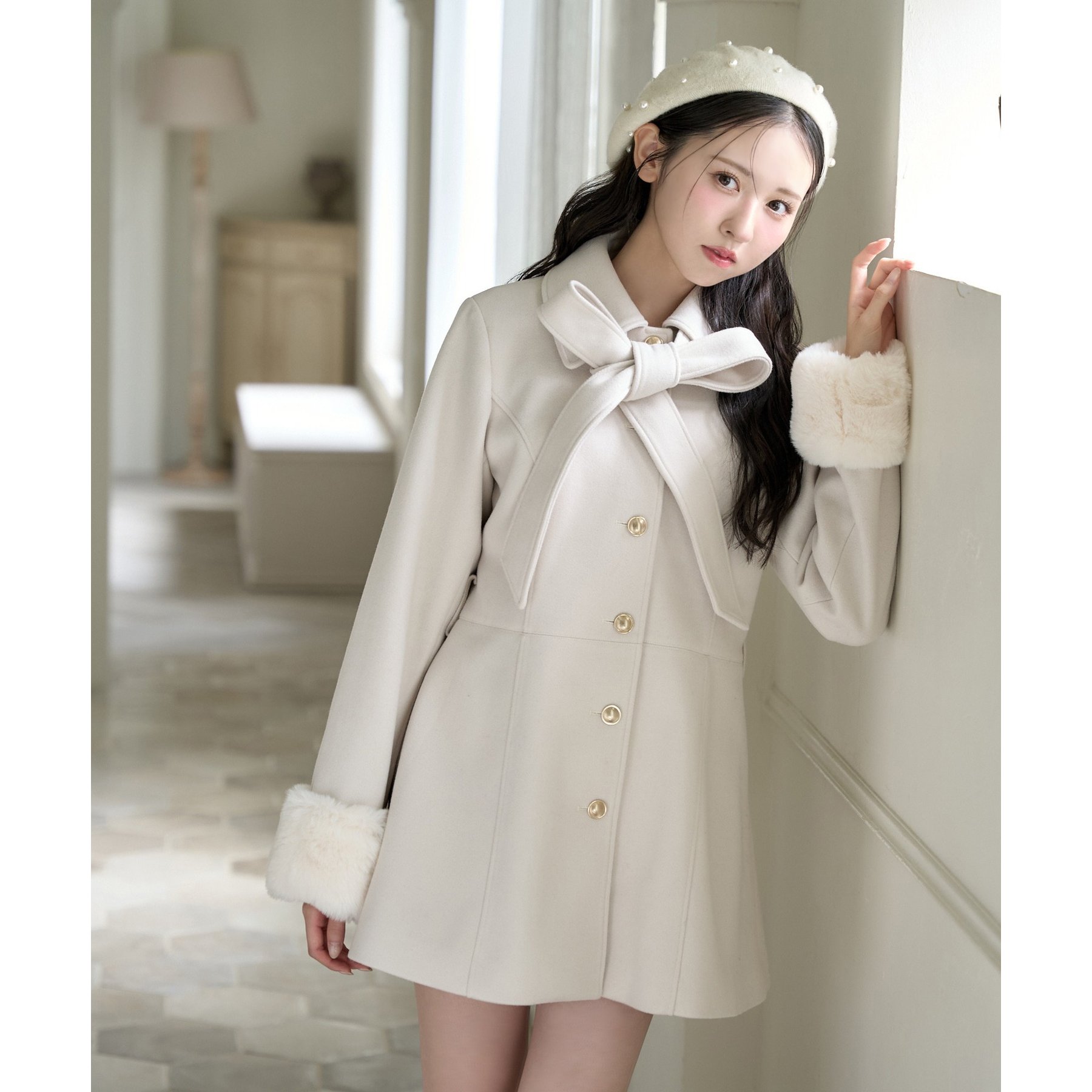 AtelierNain musinsa nugu ハーフウールコート アイボリー premium order】リボンミドルコート/SMサイズあり