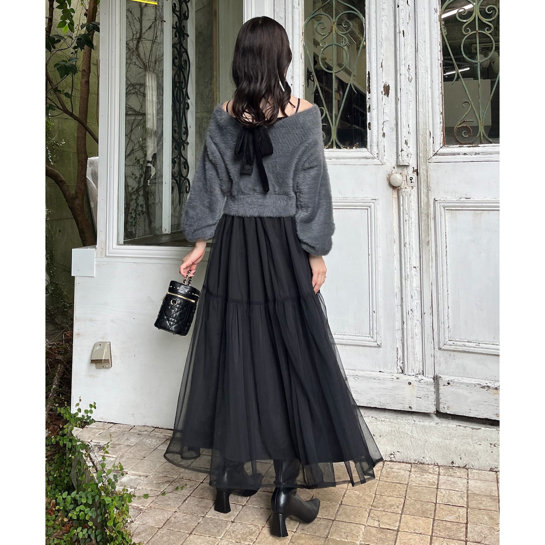 オケージョン】【サイズ展開あり】チュールフリルベロアワンピース