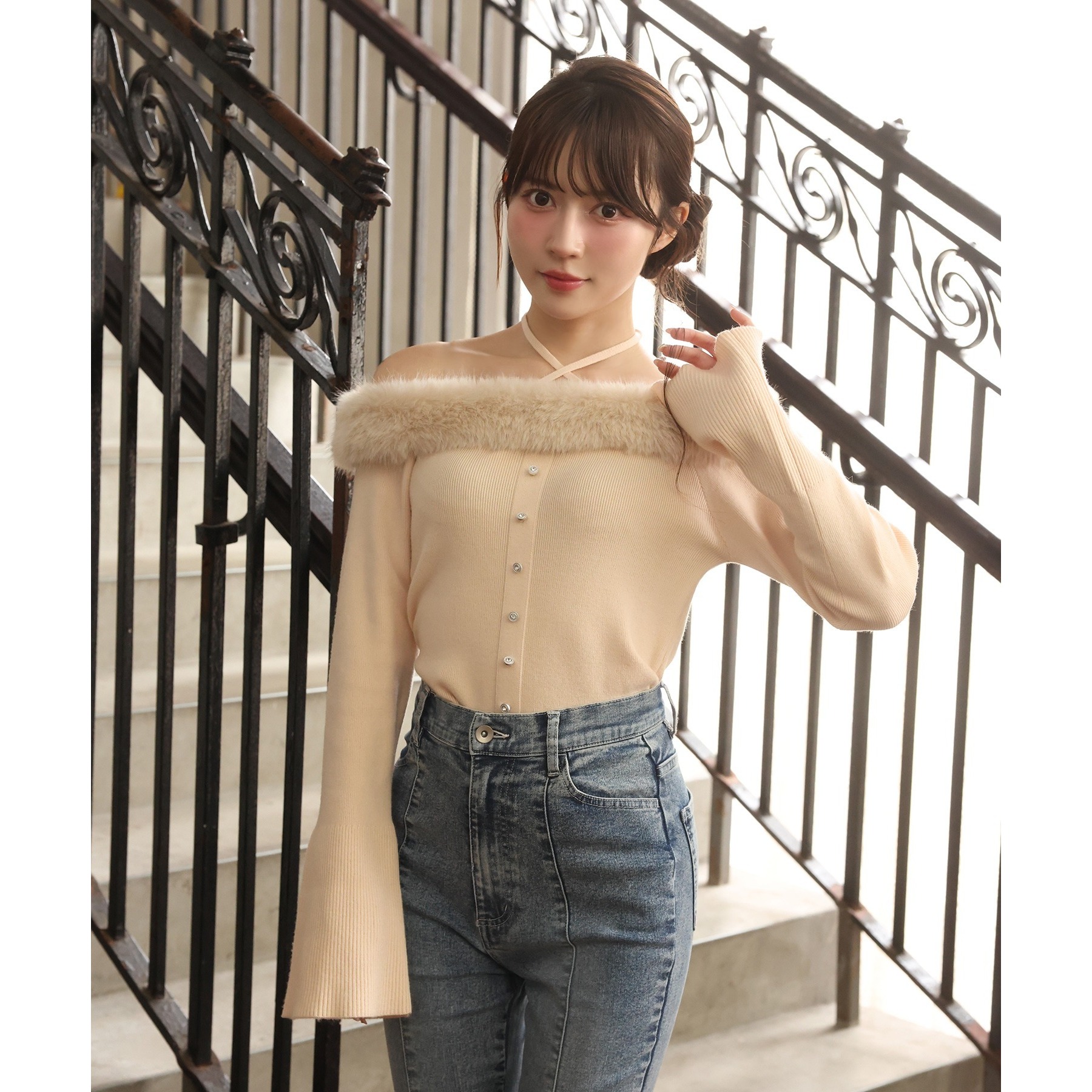 niceclaup キラキラボタンファーオフショルニット キラキラボタンファーオフショルニット | ファッション通販サイト NUGU