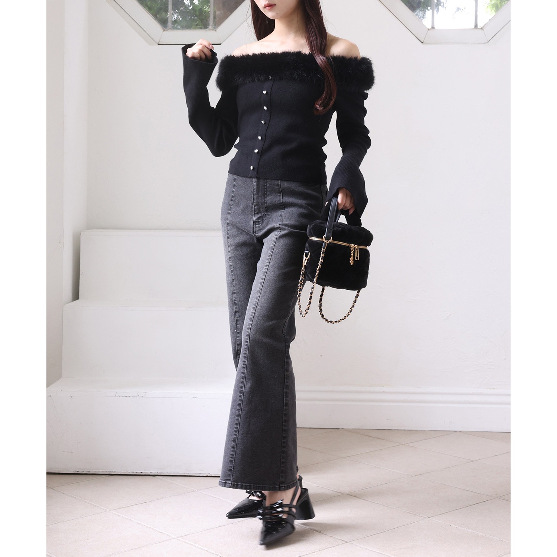 キラキラボタンファーオフショルニット | ファッション通販サイト NUGU