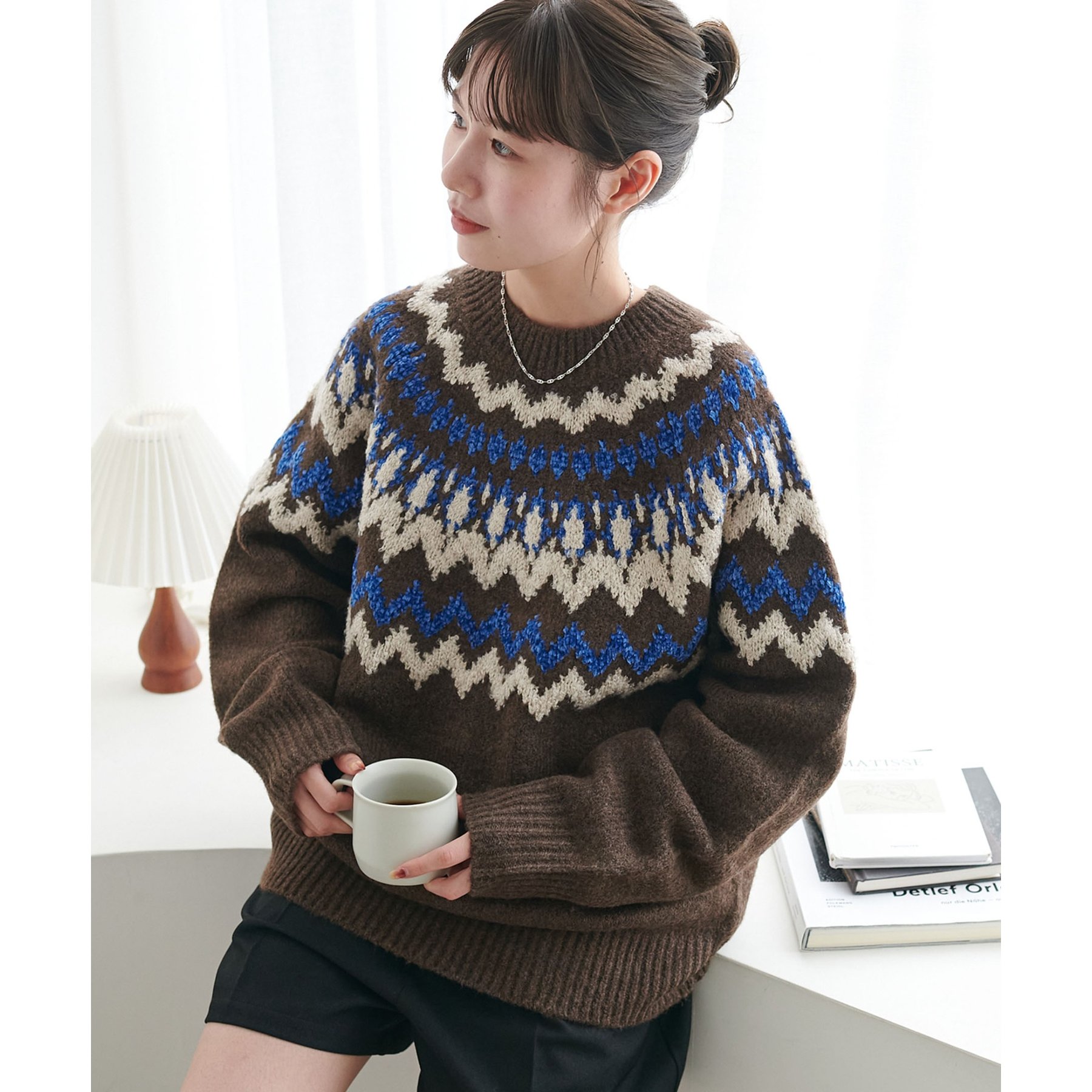 【暖かおしゃれ見え/ユニセックス】求心柄オーバーニット