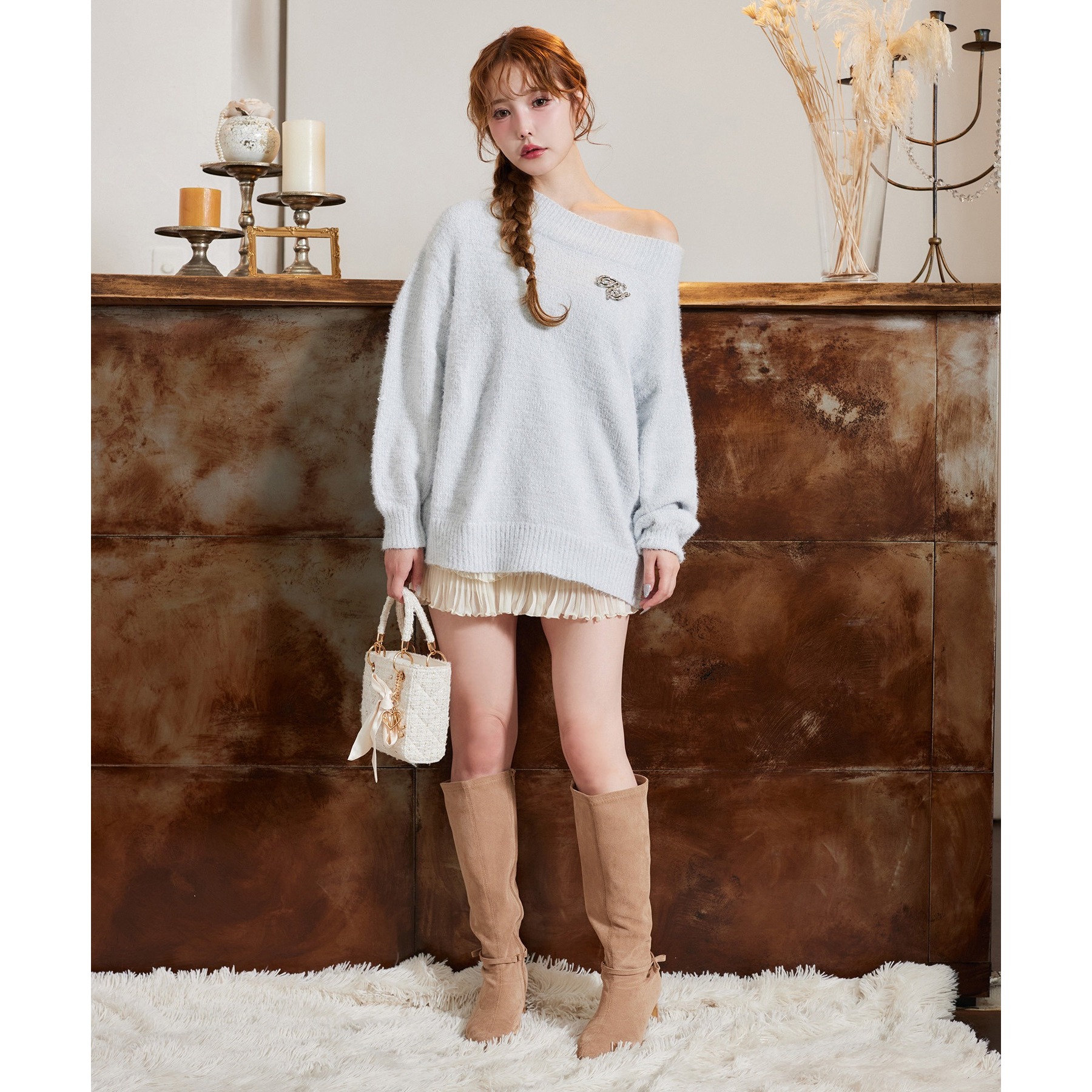 ブローチ付きベロアモールミニニットワンピース | ファッション通販