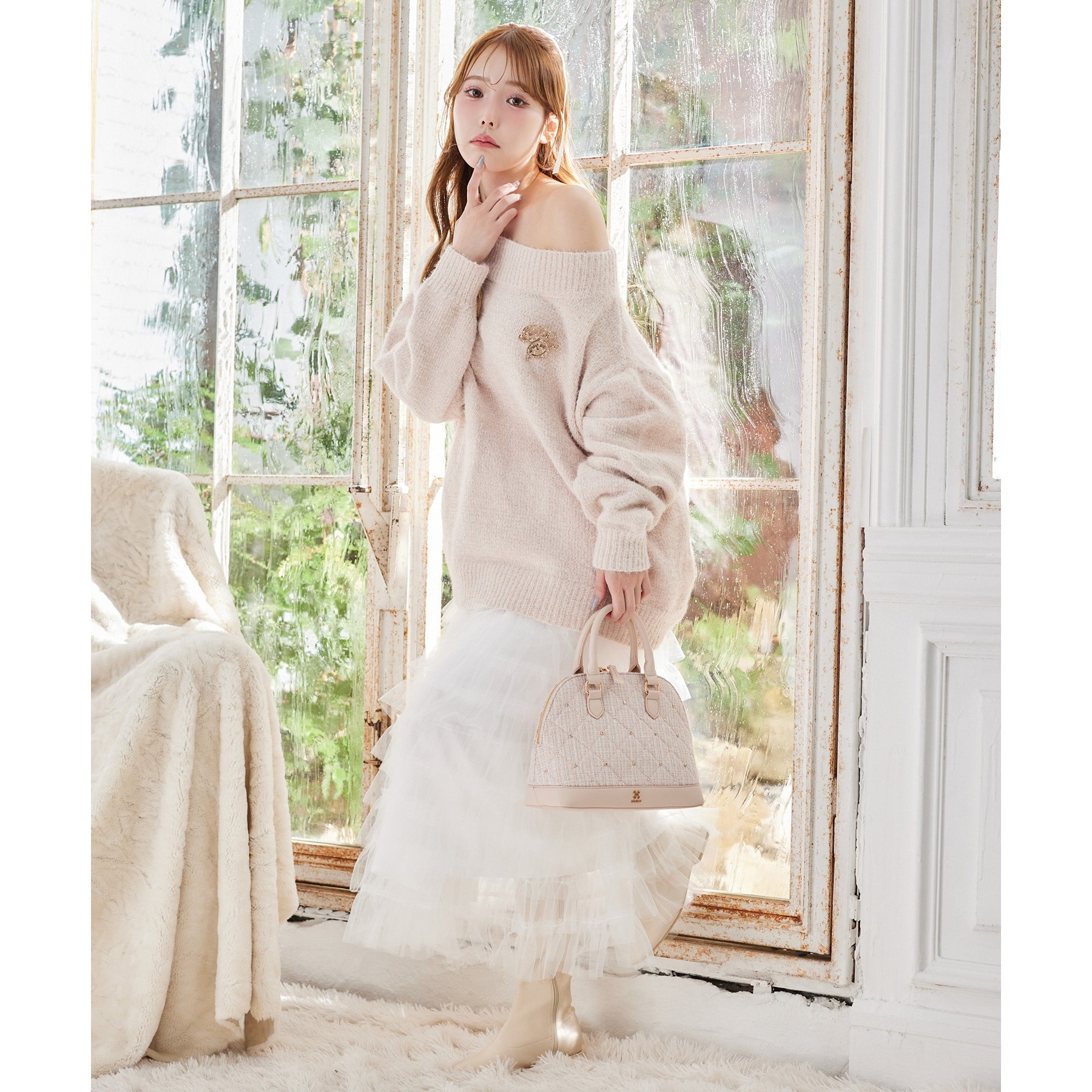 NICE CLAUP ベロアモールニットミニワンピ one after another NICE CLAUP｜ブローチ付きベロアモールミニニット