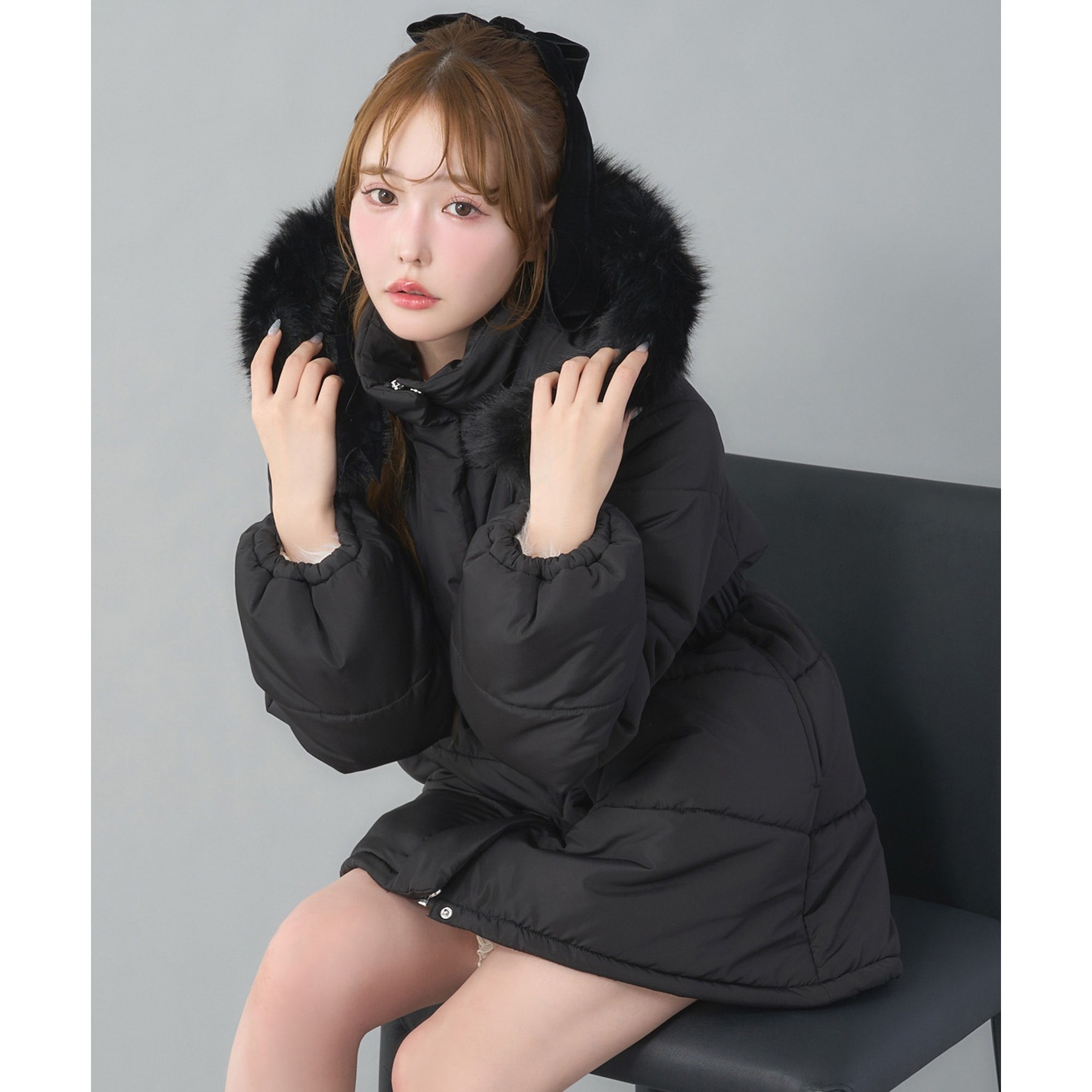 ベルト付きフェイクファーフードフェイクダウン | ファッション通販