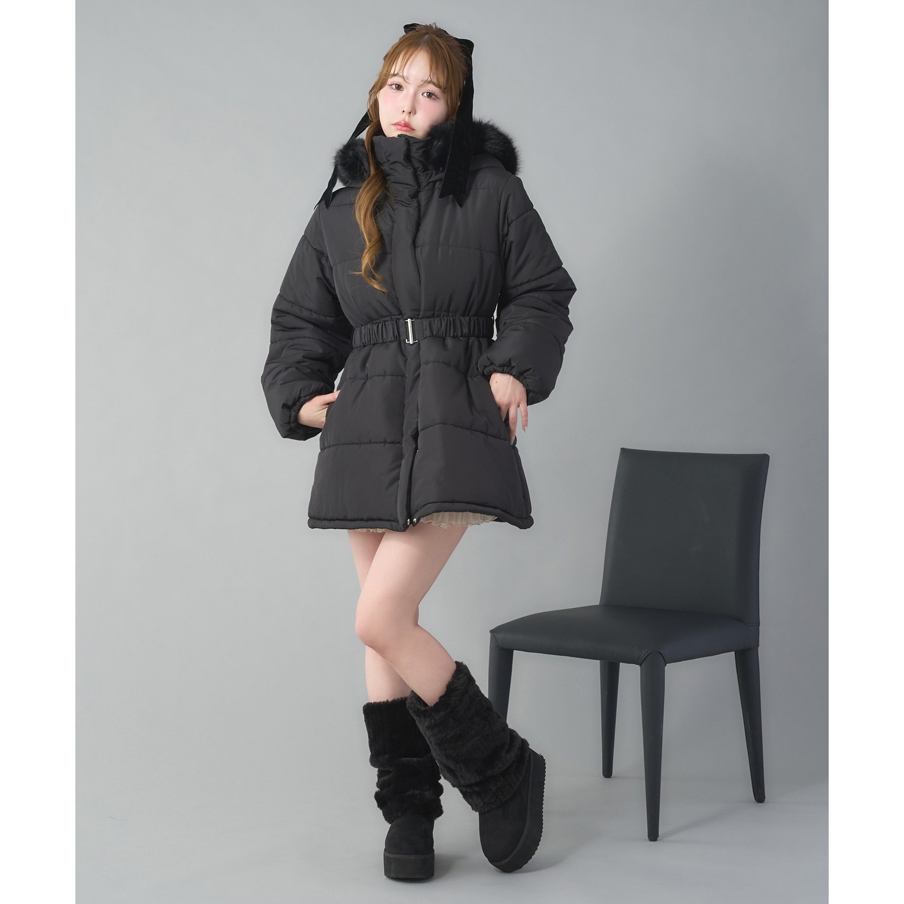 ベルト付きフェイクファーフードフェイクダウン | ファッション通販