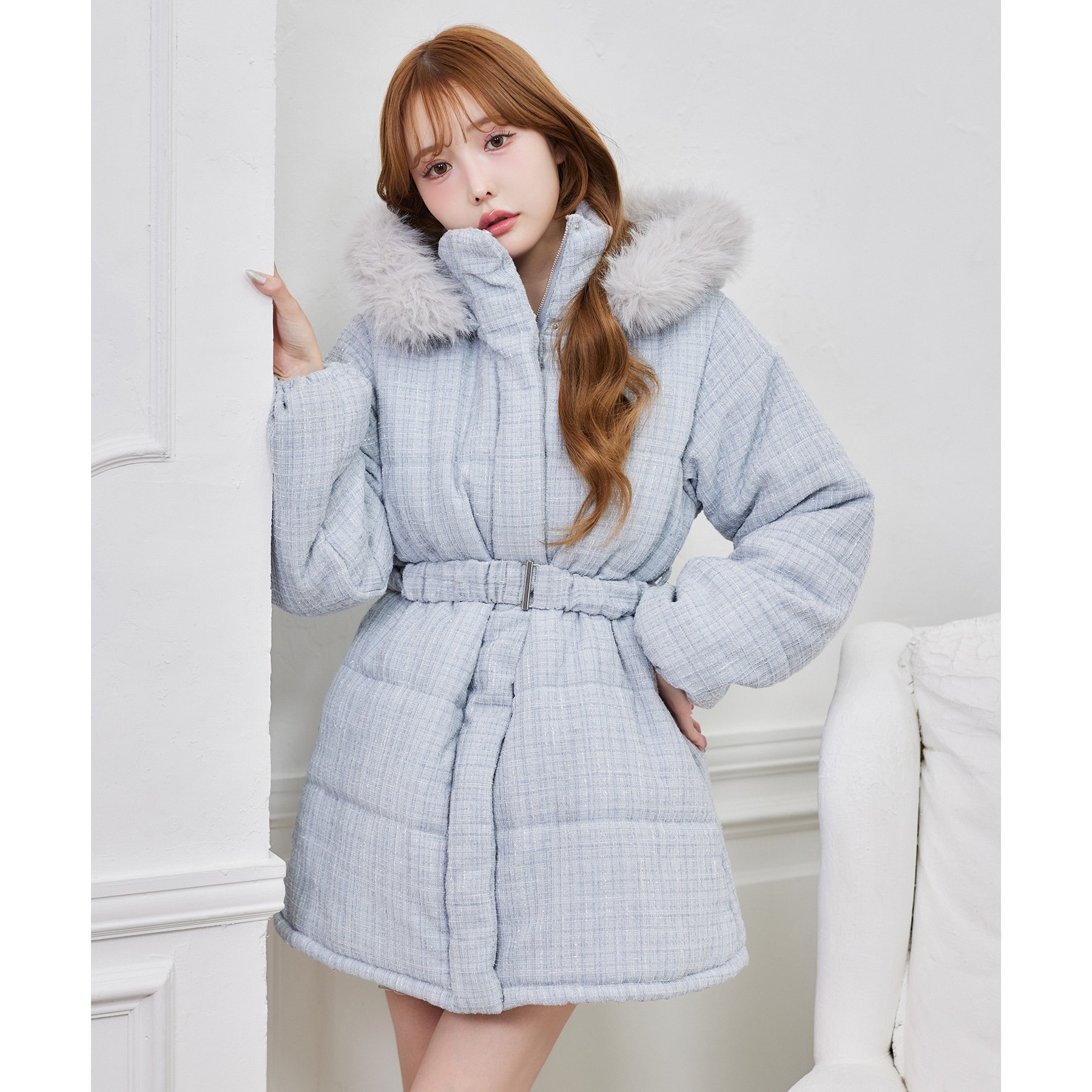 ベルト付きフェイクファーフードフェイクダウン | ファッション通販