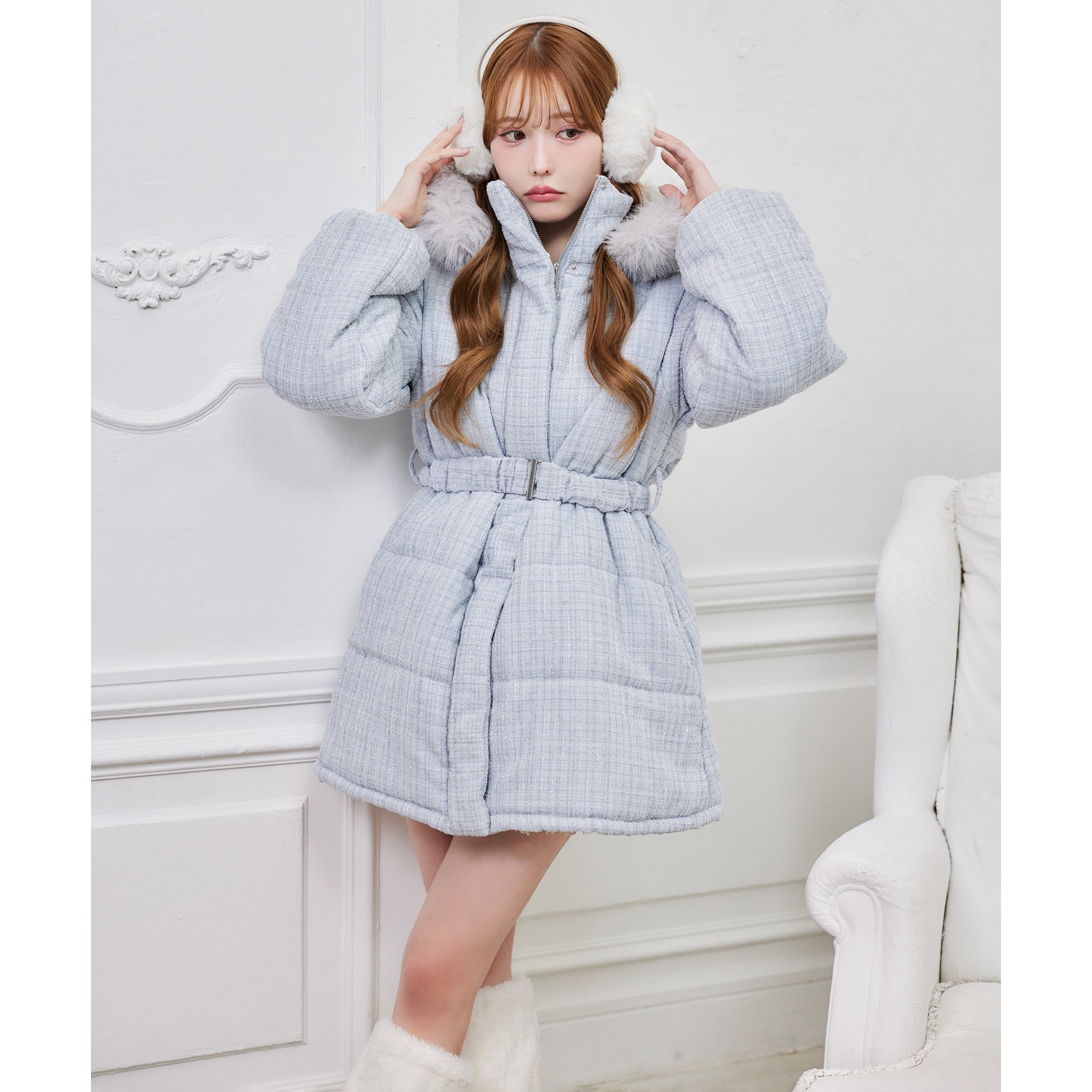 ベルト付きフェイクファーフードフェイクダウン | ファッション通販