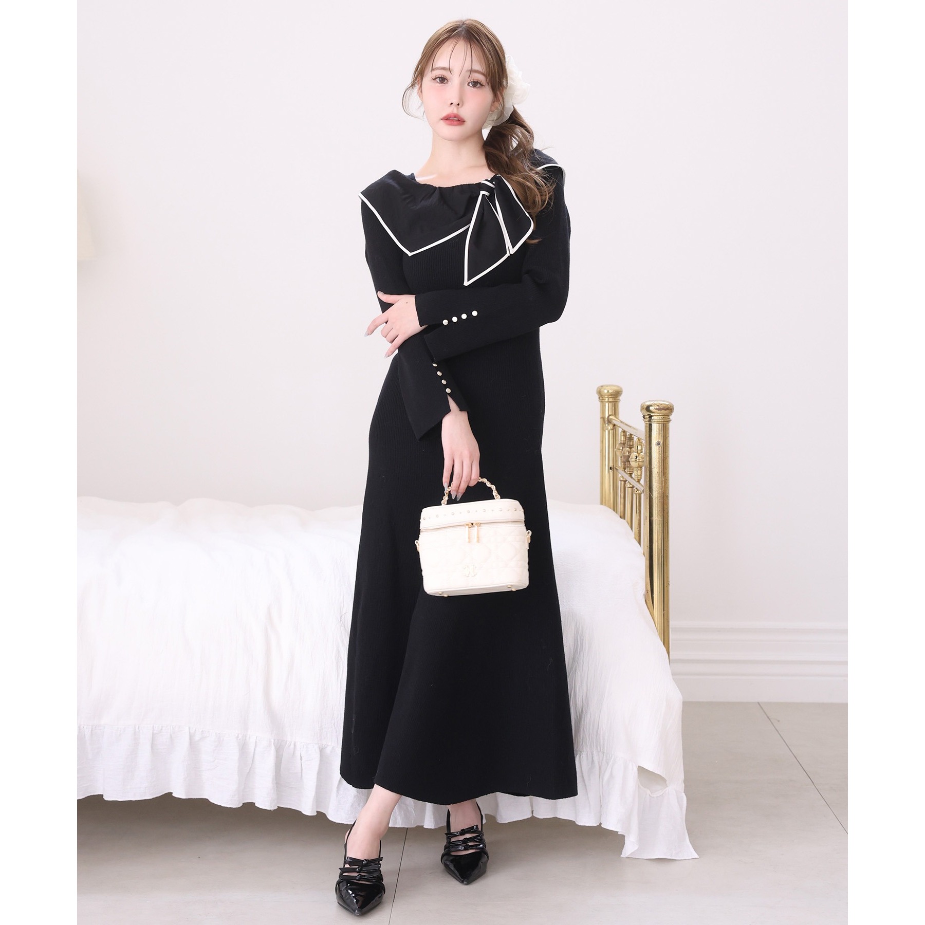 リボン取り外し可能オフショルファーニットワンピース | ファッション