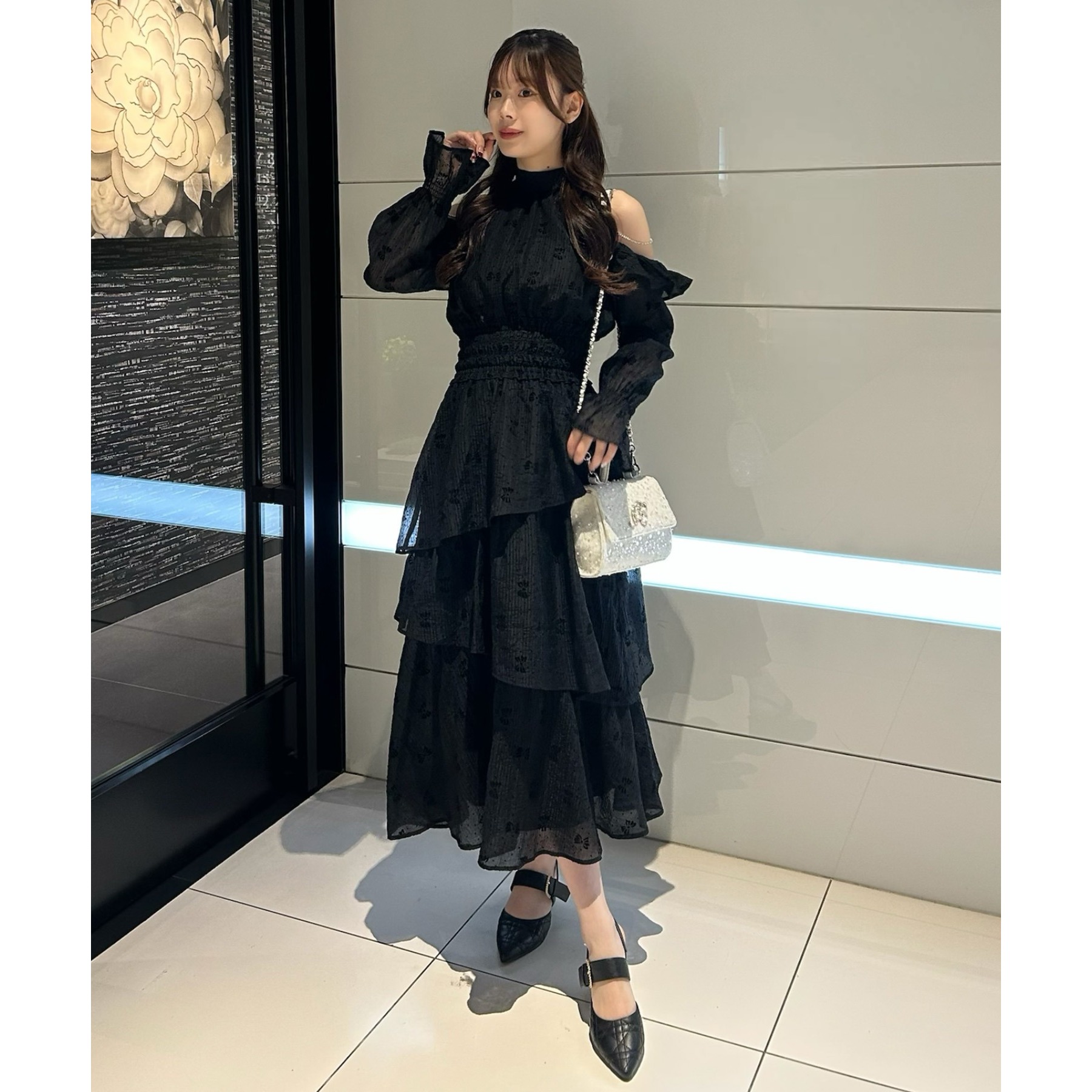 オケージョン】フェザーフラワー袖バルーンワンピース《前後2WAY