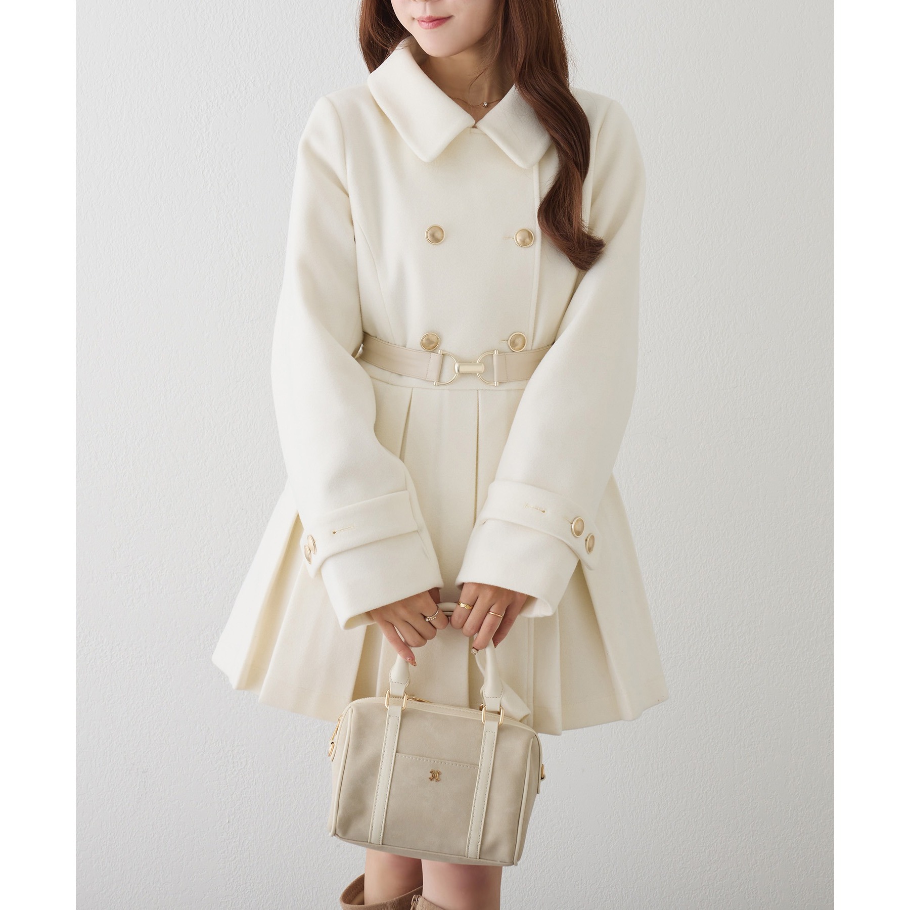 ウエストベルト付きフェイクファー襟ミドルコート | ファッション通販