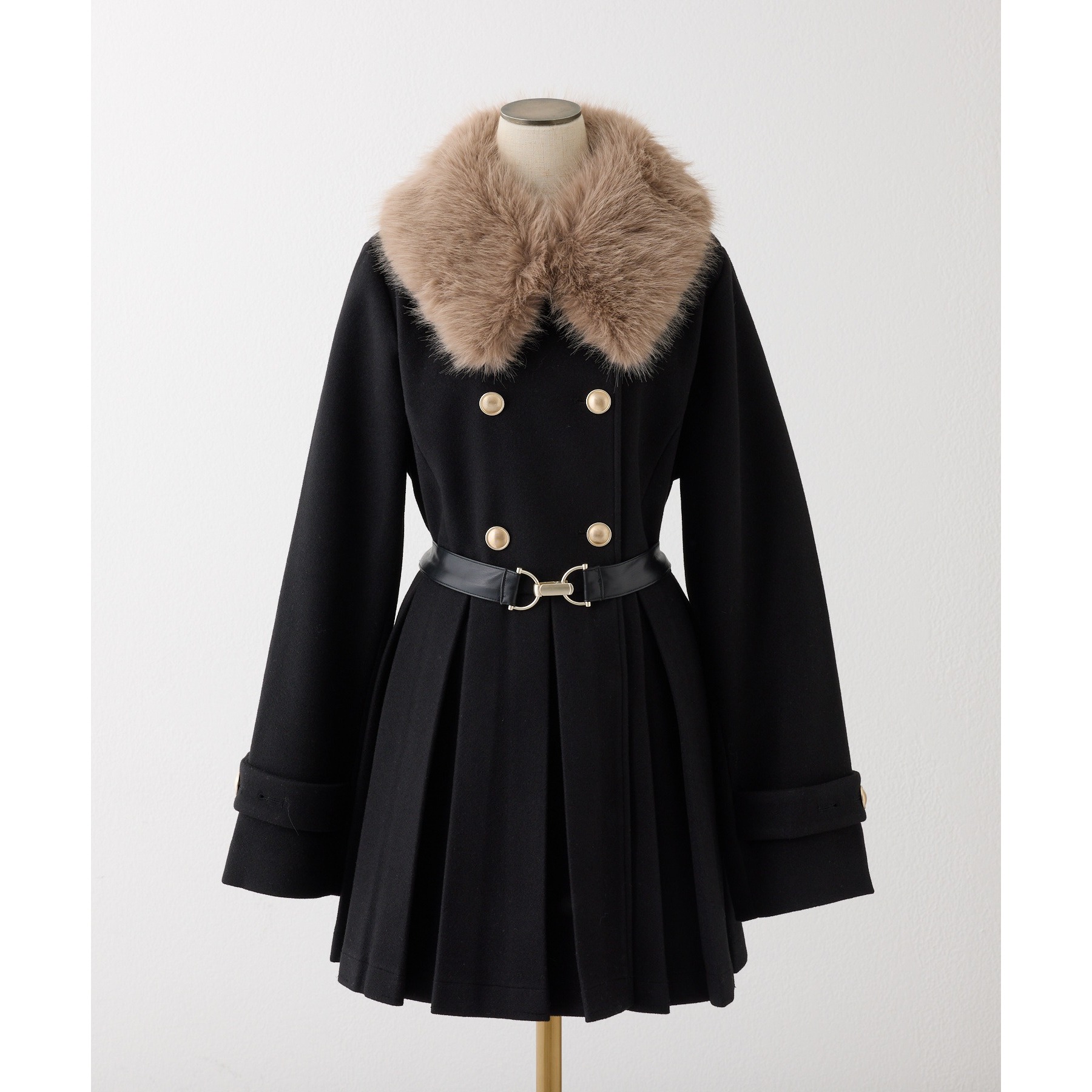 ウエストベルト付きフェイクファー襟ミドルコート | ファッション通販